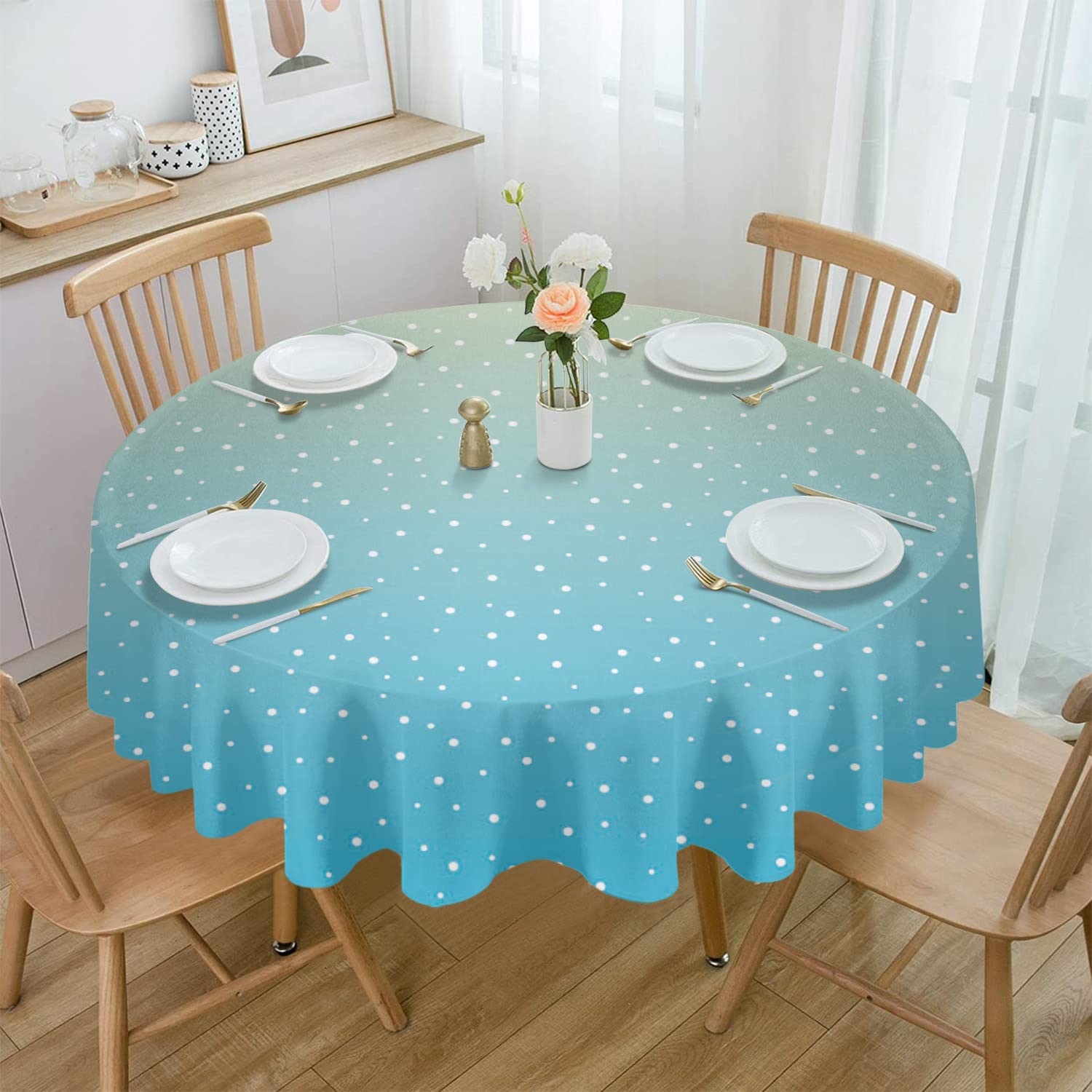 Waterproof Round Tablecloth - Yellow Green Blue Ombre Polka Dot Watercolor Design, Wrinkle-Free & Wipeable Gradient Table Cover (60 Inch) for Kitchen, Dining Room, Party Decor, Camping & Outdoor Picnics