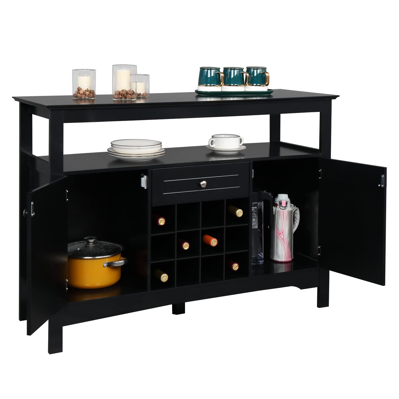 Black Two-Door Sideboard Cabinet with Wine Rack & Drawer - Perfect for Entryway Storage and Dining Room Organization