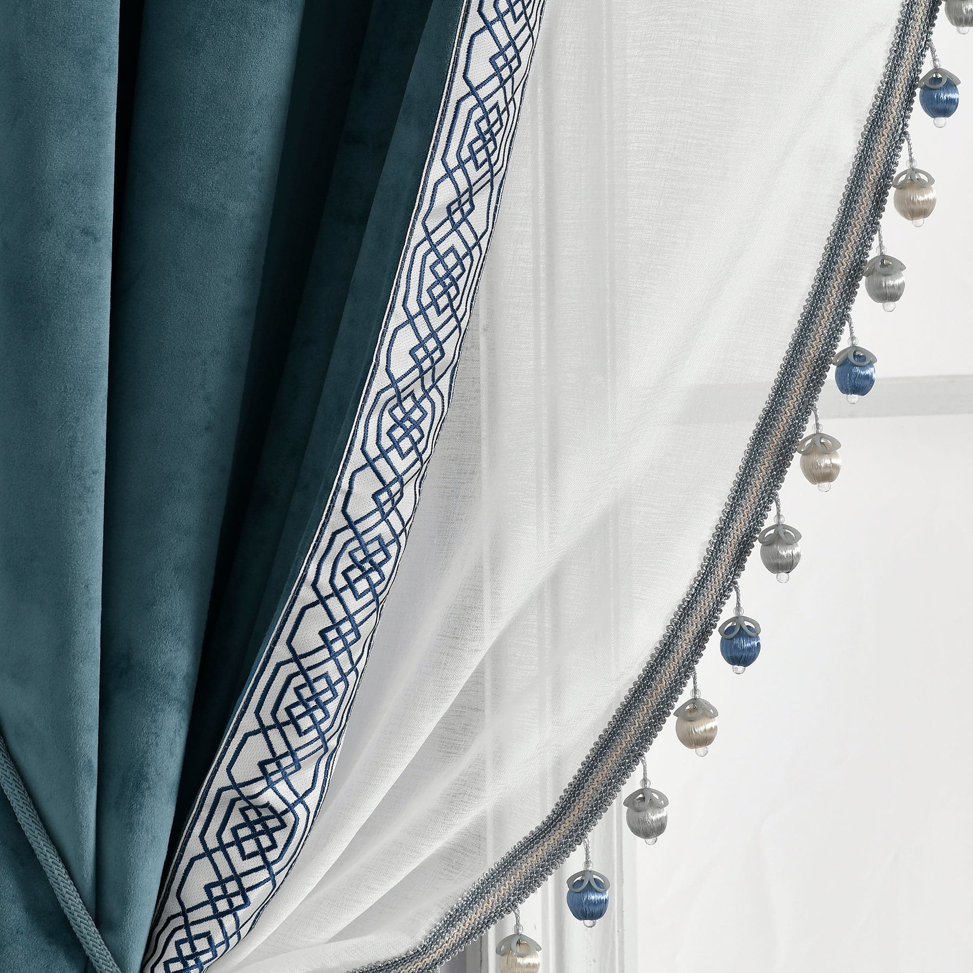 Luxury Vintage Velvet & Sheer Window Curtains with Pompom Trim - Elegant Blackout Drapes for Living Room, Bedroom, and Home Decor