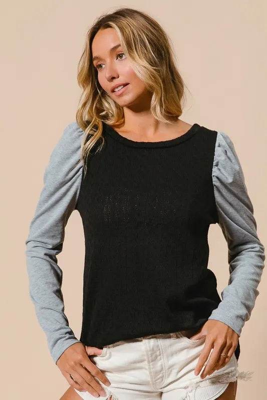 BiBi Cable Knit Sweater Top with Contrast Puff Sleeves | Women's Casual Winter Pullover | Perfect for Office, Date Night & Holiday Outfits