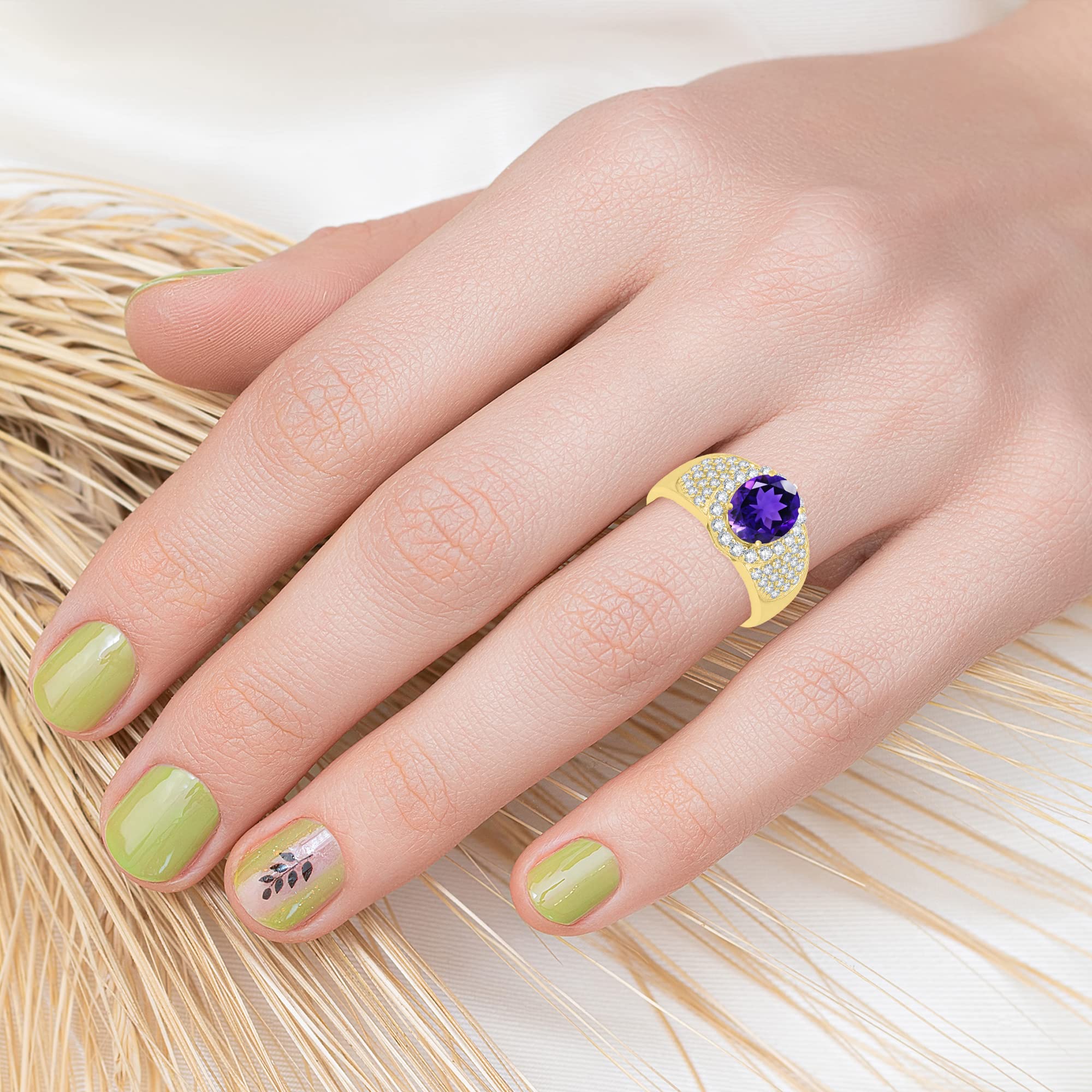 14K Gold Over Sterling Silver Halo Ring with Natural Amethyst & White Topaz - Elegant Jewelry for Weddings, Anniversaries & Special Occasions