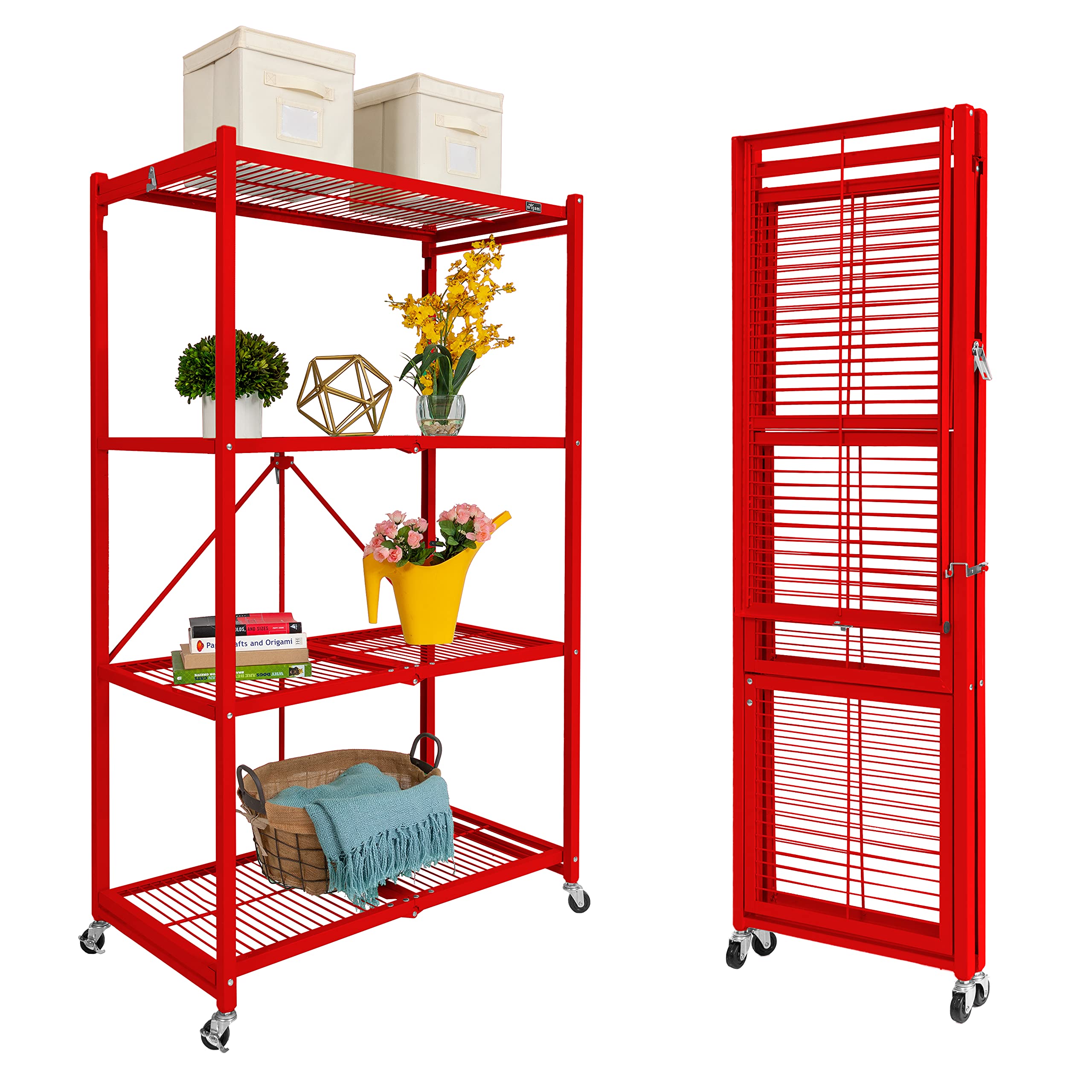 Origami R5 Foldable 4-Tier Heavy Duty Metal Garage Shelving with Wheels - 1000 lbs Capacity Storage Rack for Garage, Basement & Workshop Organization (Red) - Perfect for Storing Tools, Sports Equipment & Home Supplies
