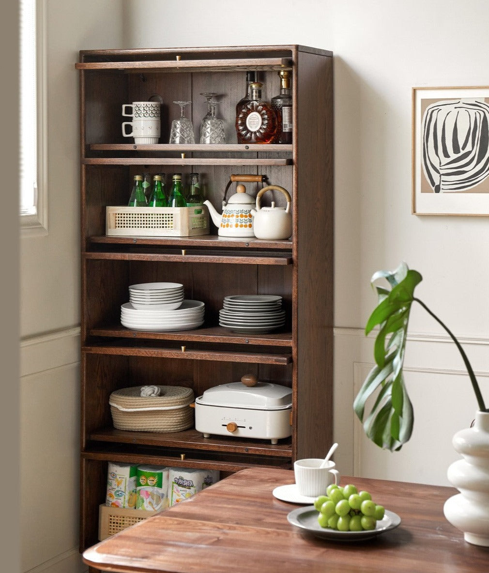 Solid Black Walnut & Oak Wood Glass Flip Door Bookcase - Modern Side Cabinet for Living Room, Office & Bedroom Storage