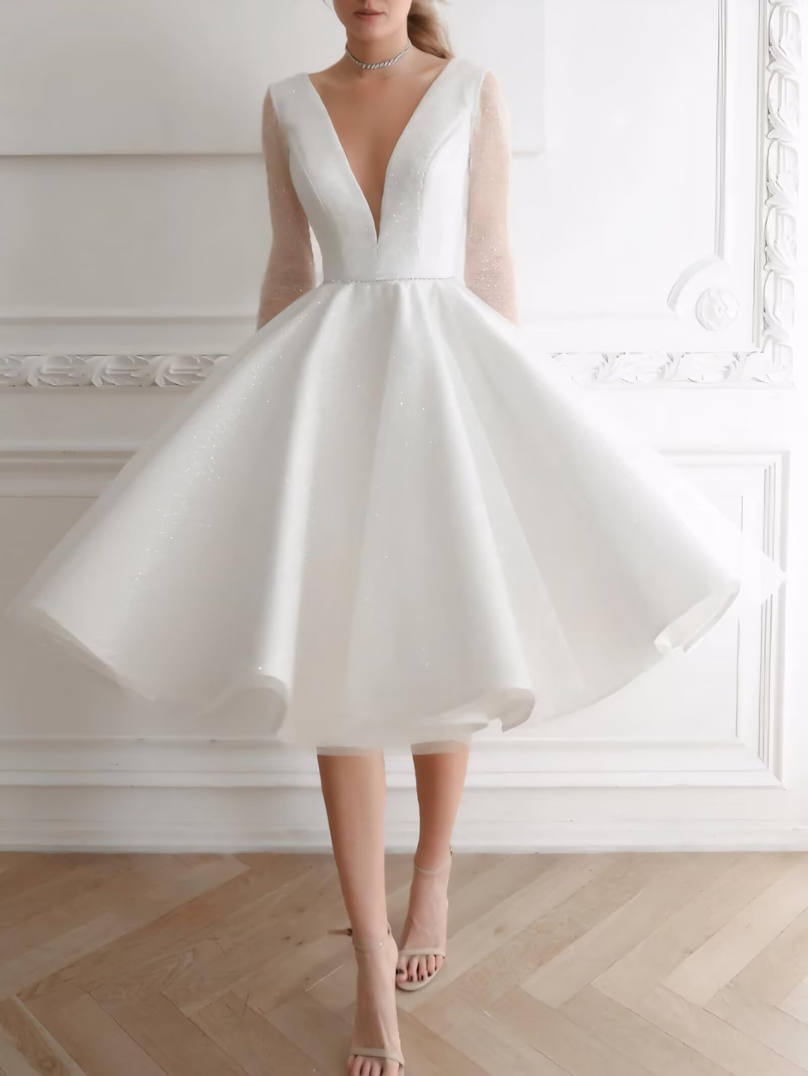 Elegant A-Line Satin Wedding Dress with Sparkly Tulle Long Sleeves | Knee-Length Beach Wedding Gown for Bride | Perfect for Beach, Garden & Destination Weddings
