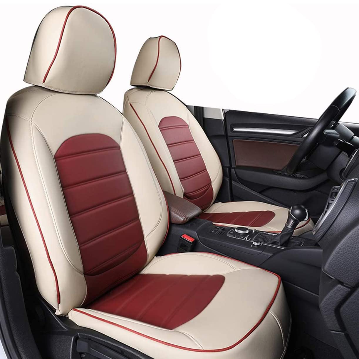 Premium Genuine Leather Car Seat Covers for Ford Explorer 2016-2017 Models - Full Set with Front & Rear Seats, Backseat LCD Screens, Airbag Compatible - Beige & Red Color - Perfect for Road Trips, Family Travel & Luxury Interior Upgrade