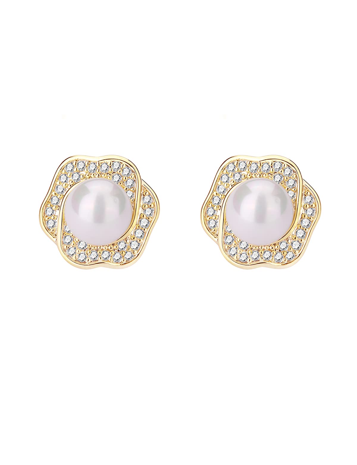 White Pearl Stud Earrings for Women - Cultured Freshwater Pearl & CZ Pave Earrings - Elegant Jewelry for Wedding, Party & Everyday Wear