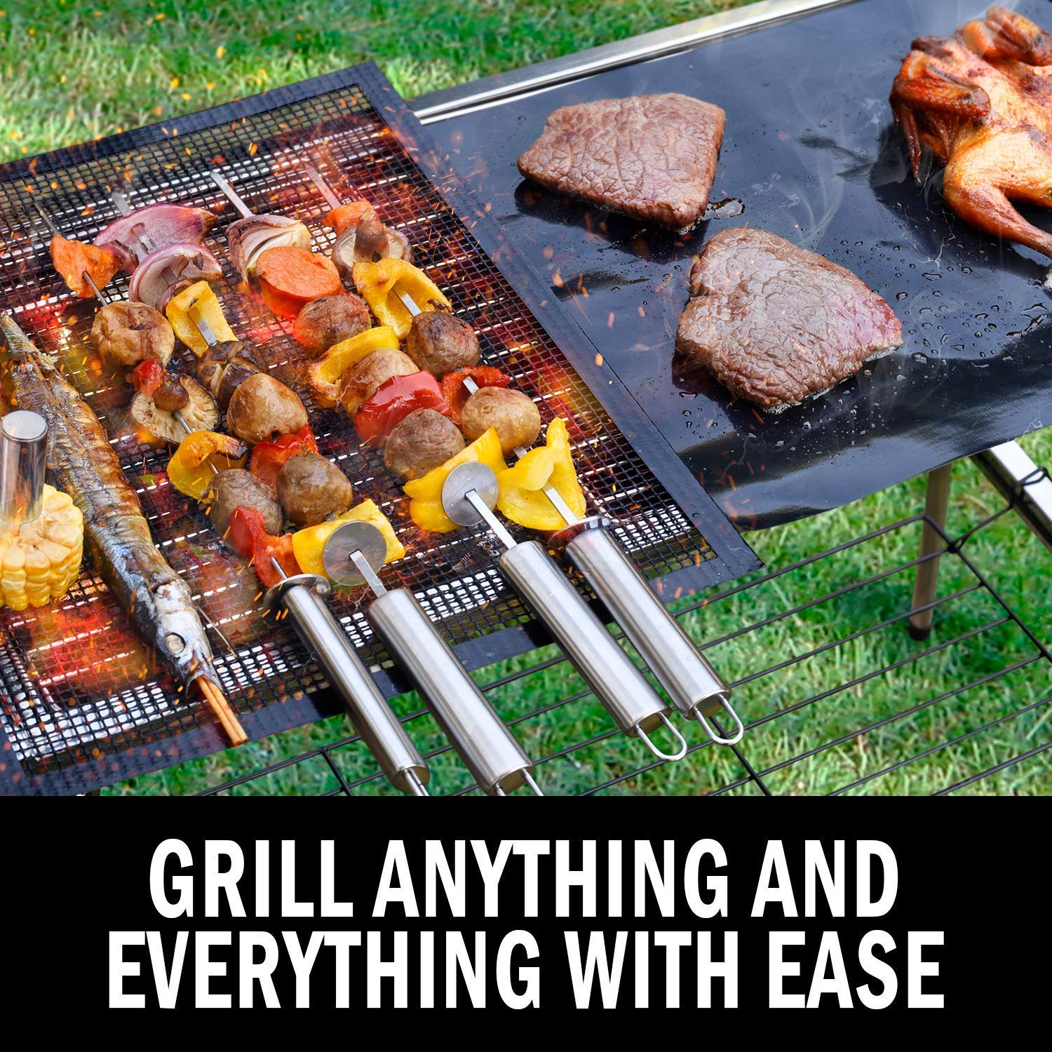 3-Pack Non-Stick BBQ Grill Mats - Heavy Duty, Reusable & Dishwasher Safe for Gas, Charcoal & Electric Grills - Perfect for Backyard BBQs, Camping & Outdoor Cooking