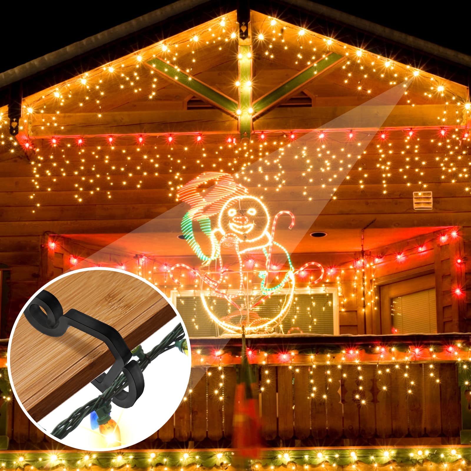 SelfTek 120 Pcs Black Plastic Gutter Hooks for Outdoor String Lights - Heavy Duty Christmas Light Clips for Roof, Porch & Patio Decorations - Weatherproof Hanging Solution for Holiday & Party Lighting