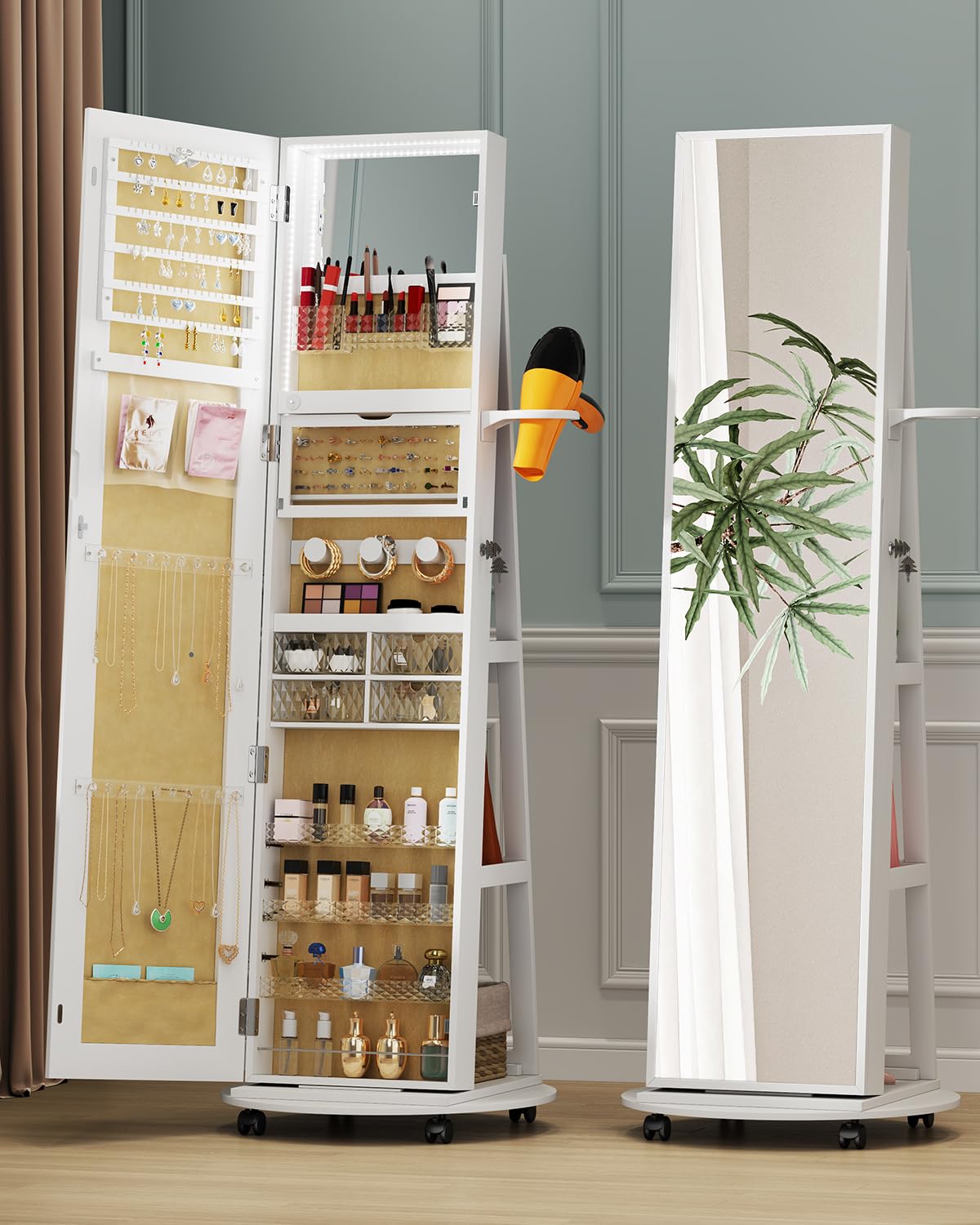 Full Length Mirror with Jewelry Storage - 360° Rotating Jewelry Armoire Organizer with LED Lights & Lockable Cabinet - Standing Jewelry Mirror for Bedroom, Dressing Room & Christmas Gifts (White)