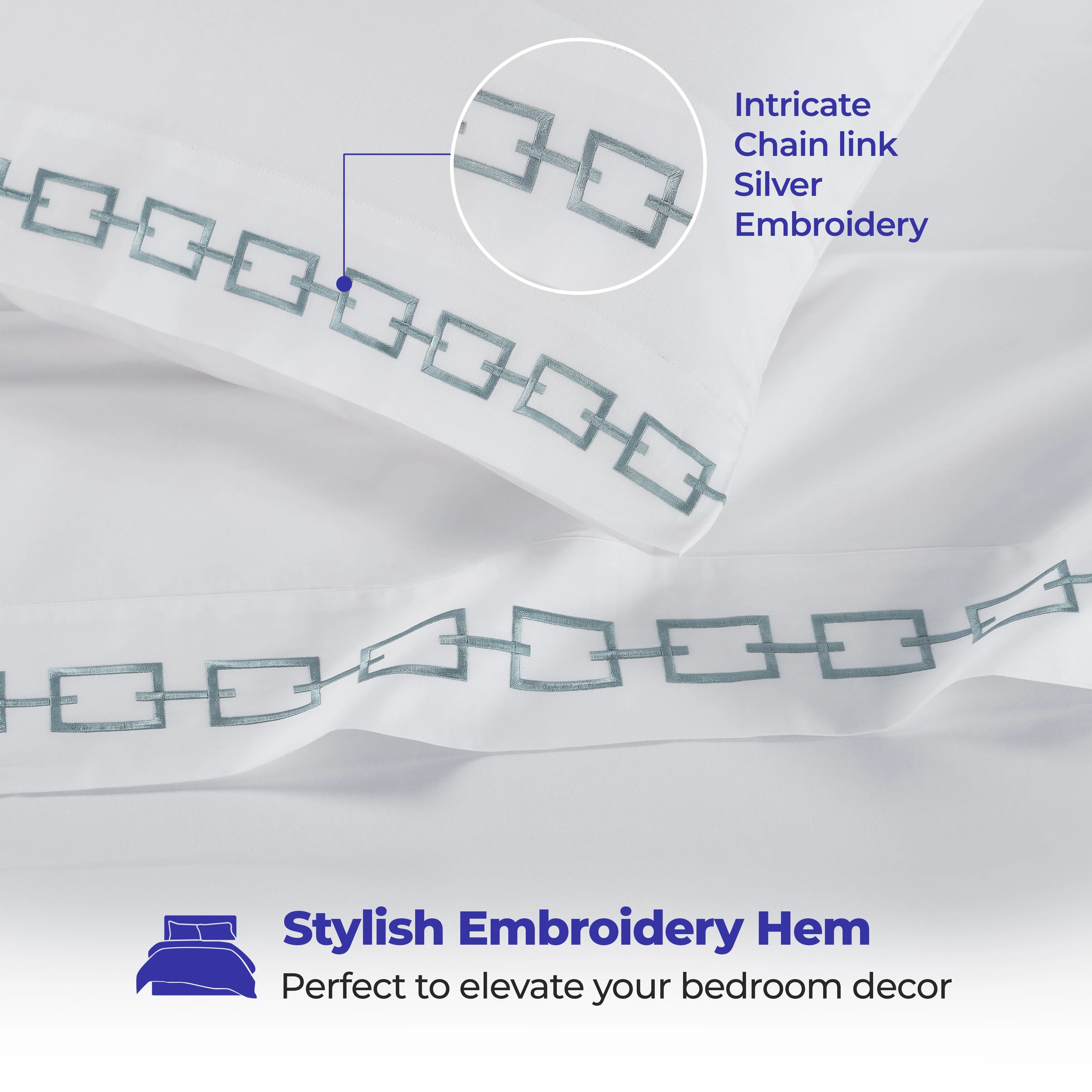 Premium Cotton Embroidered Deep Pocket Bed Sheet Set with Chain Link Design - Soft & Breathable for Queen/King Size Beds - Perfect for Home, Hotel, or Guest Room Decor