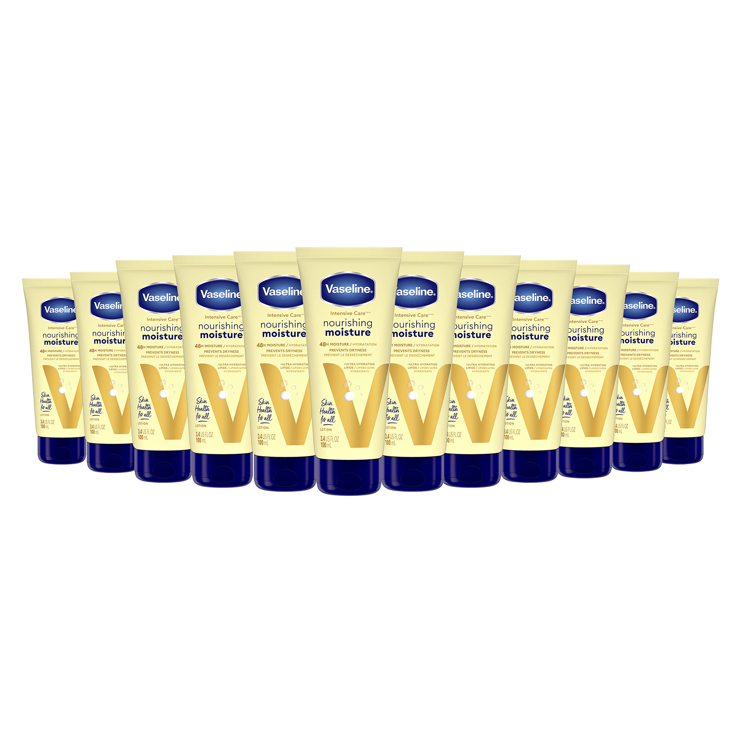 Vaseline Nourishing Moisture Body Lotion for Dry Skin - Pack of 12 (3.4 oz) with Ultra-Hydrating Lipids & Pure Oat Extract | Hand & Body Moisturizer for Daily Hydration & Skin Repair | Perfect for Winter Care, Post-Shower Use & Travel Essentials