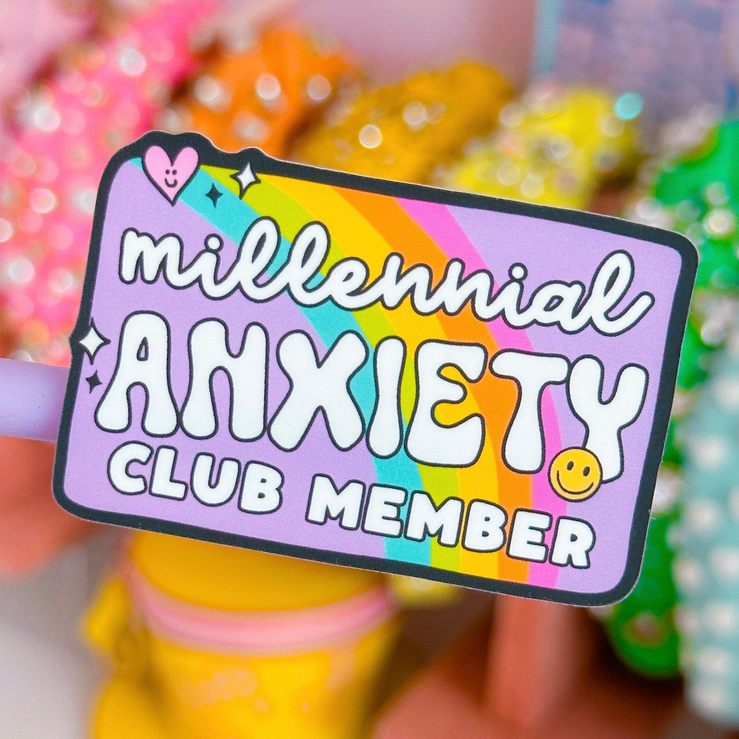 Waterproof Sticker - Millennial ANXIETY Club - Funny Decal for Laptops, Water Bottles & Notebooks - Express Your Personality