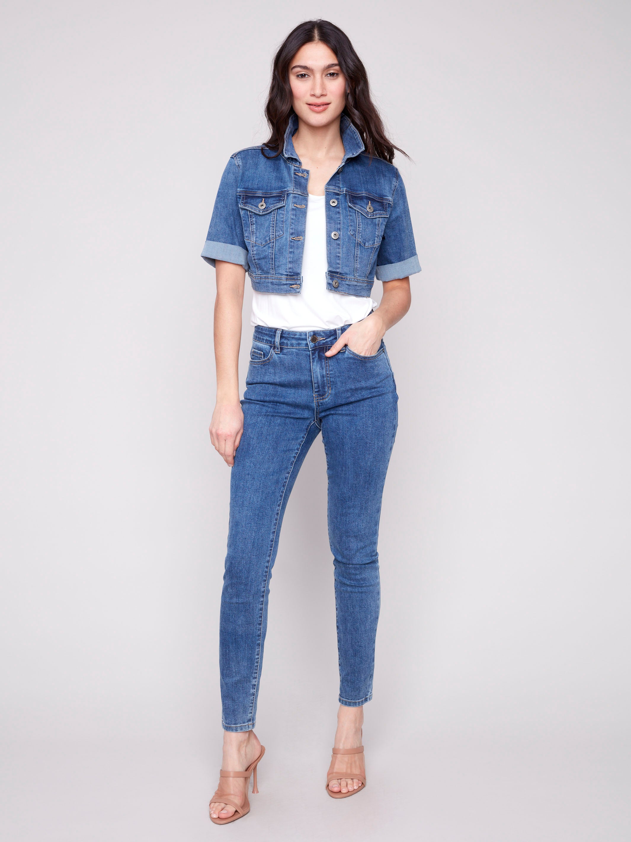 Stylish Cropped Denim Jacket for Women - Medium Blue Wash | Perfect for Spring Outfits & Casual Streetwear