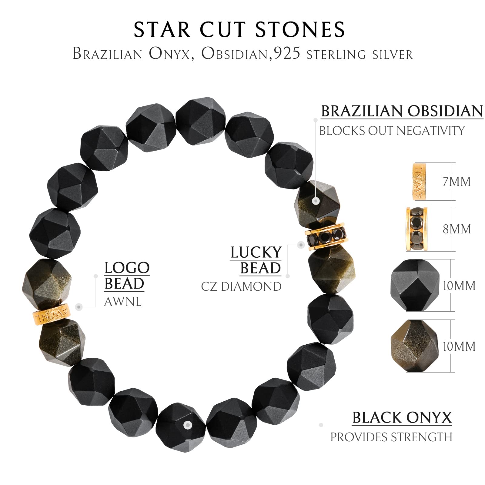 Premium Handmade Tiger Eye Onyx Obsidian Beaded Stretch Bracelet for Men - 10mm Natural Gemstones with Sterling Silver Protection Charm (5.9