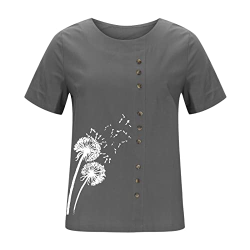 Women's Striped Short Sleeve Crew Neck T-Shirt | Floral Printed Linen Top | Casual Summer Tee Blouse | Perfect for Beach Outings & Weekend Wear (Grey, XXL)
