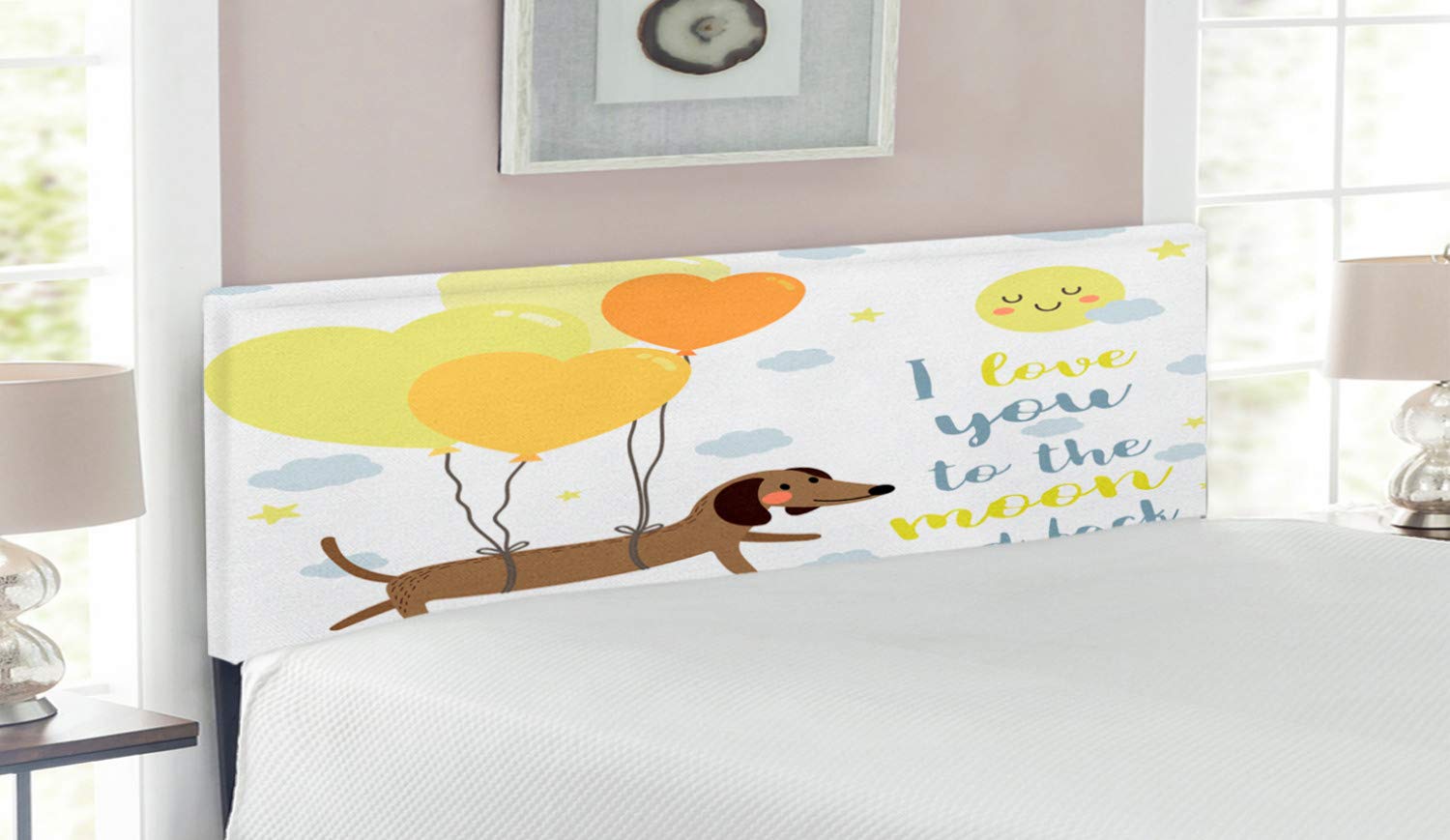 Ambesonne 'I Love You' Dog Balloons & Hearts Upholstered Headboard with Memory Foam - Queen Size Blue Grey Yellow Cocoa - Perfect for Pet Lovers' Bedroom Decor & Cozy Sleeping