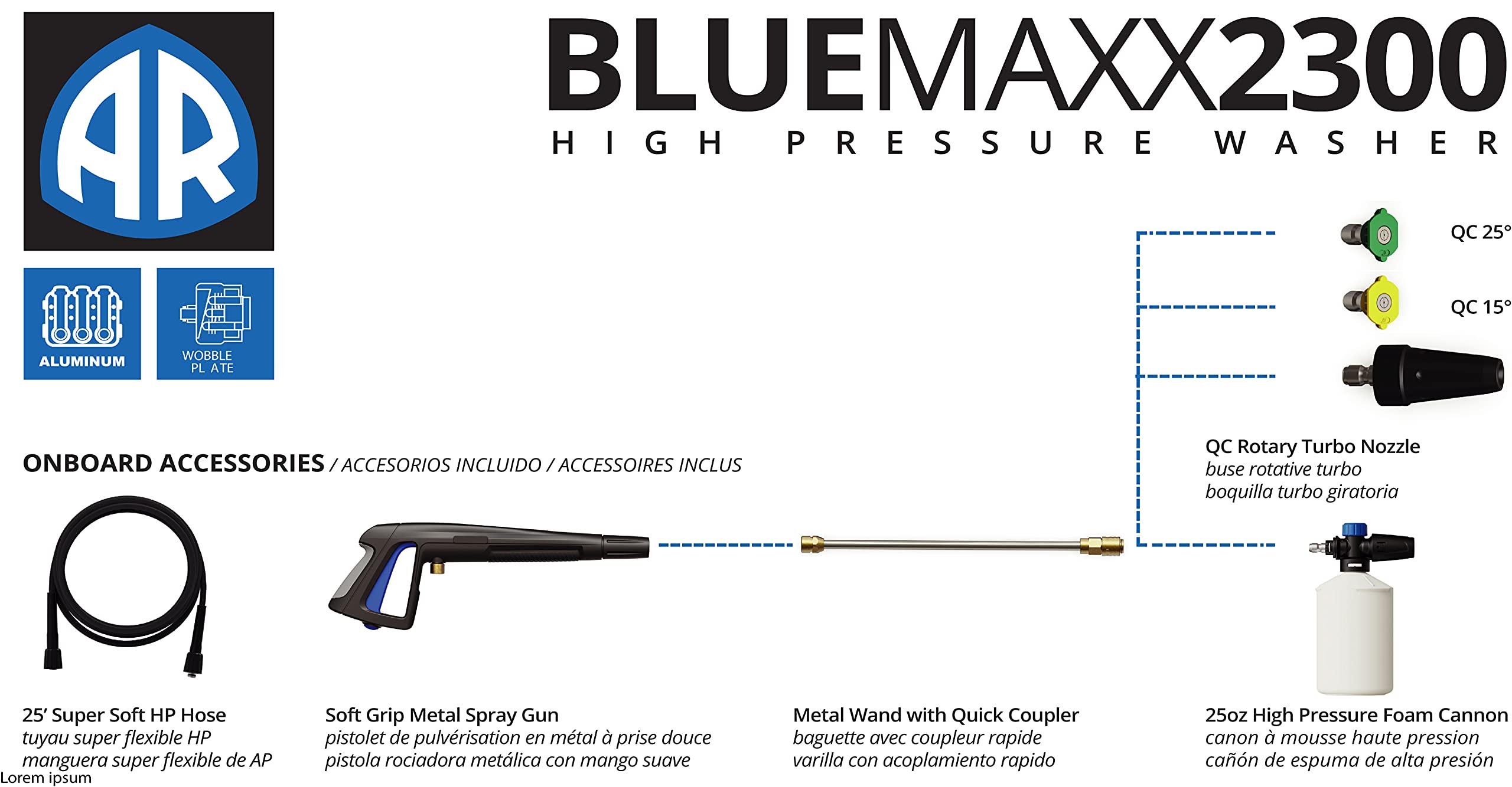 AR Blue Clean Maxx BM2300 Electric Pressure Washer - 2300 PSI, 1.5 GPM, 13 Amp with Quick Connect Accessories | 2-in-1 Detachable Cart & Onboard Storage | Portable High Pressure Cleaner for Driveway, Deck, Patio & Outdoor Cleaning
