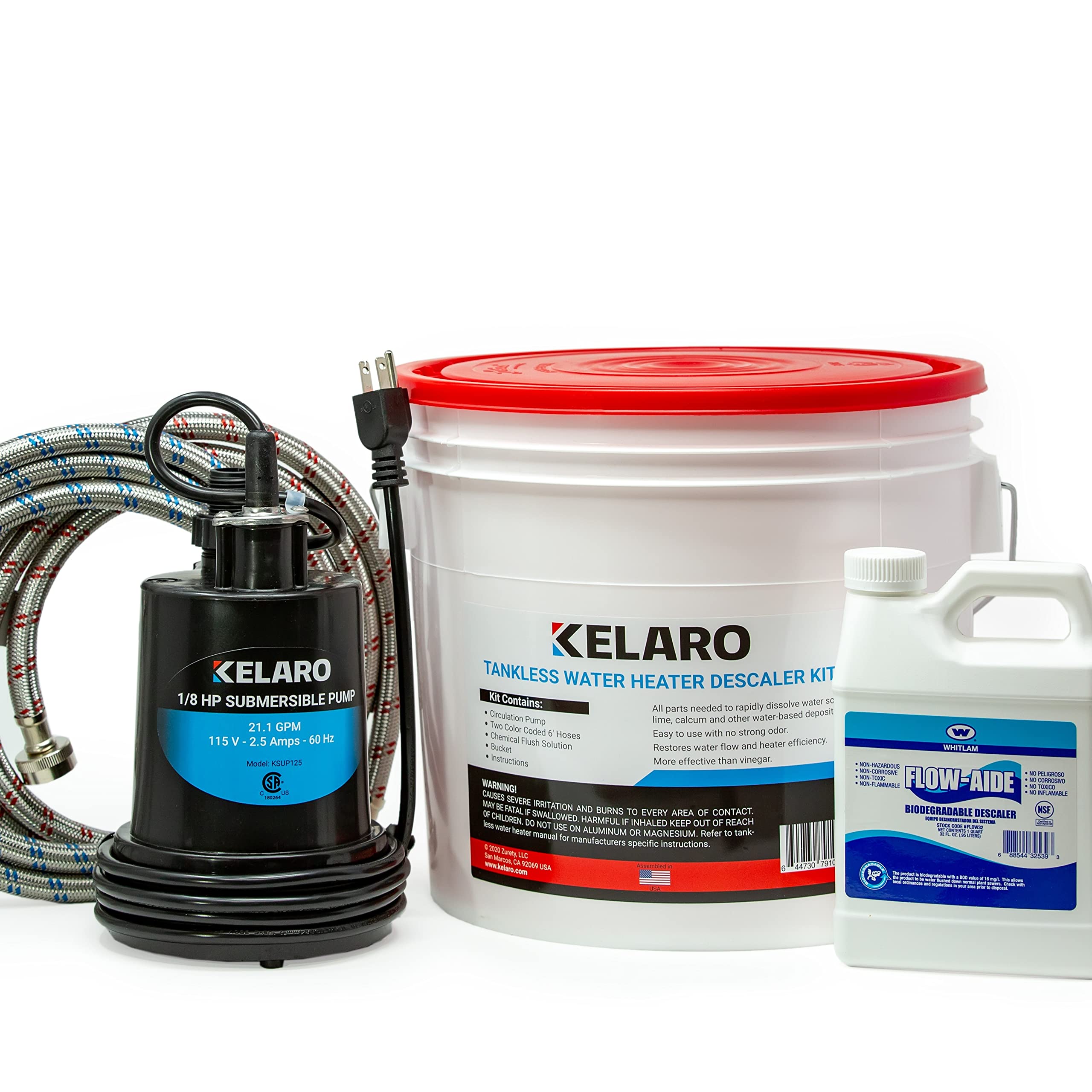 Kelaro Tankless Water Heater Flushing Kit with Flow-Aide Biodegradable Descaler - Professional Descaling Solution for Tankless Water Heaters - Perfect for Home Maintenance & System Cleaning