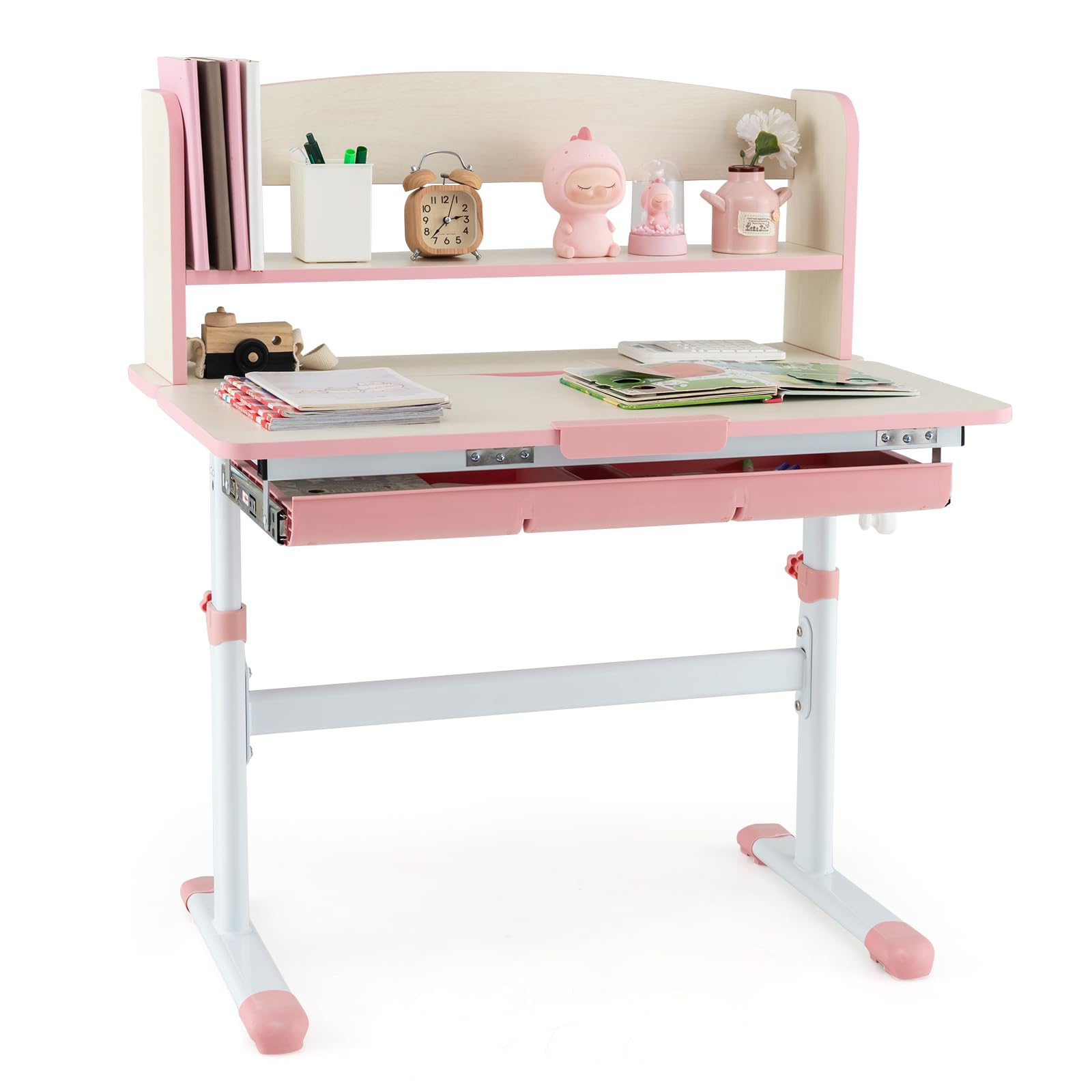 Costzon Adjustable Kids Desk with Storage Drawer & Hutch - Ergonomic Study Desk for Children, Tilt Desktop & Scale Ruler - Perfect for Homework, Drawing & Bedroom Organization (Pink)
