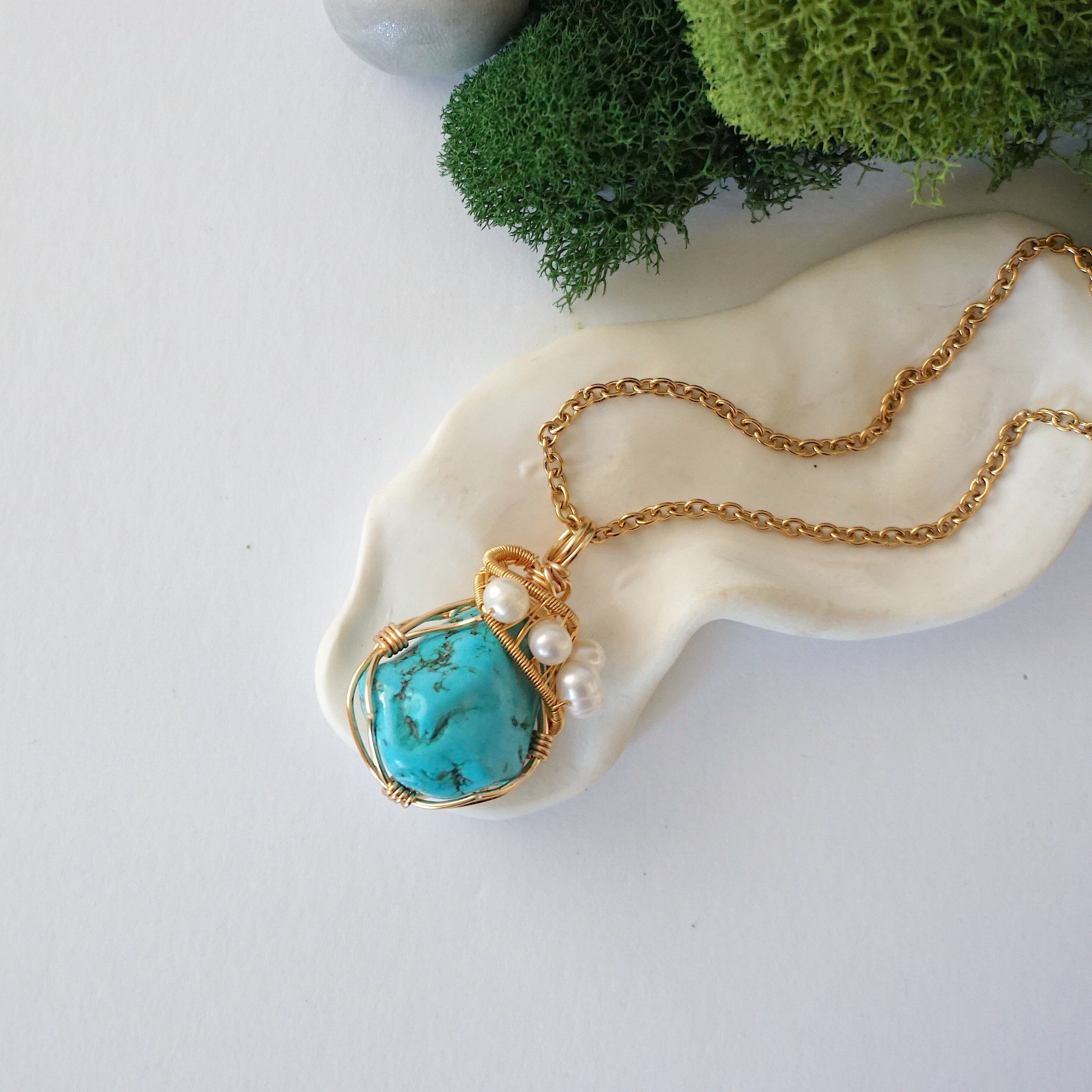 Elegant Turquoise and Pearl Necklace - 18K Gold Plated Statement Jewelry for Women | Perfect for Weddings, Parties & Special Occasions