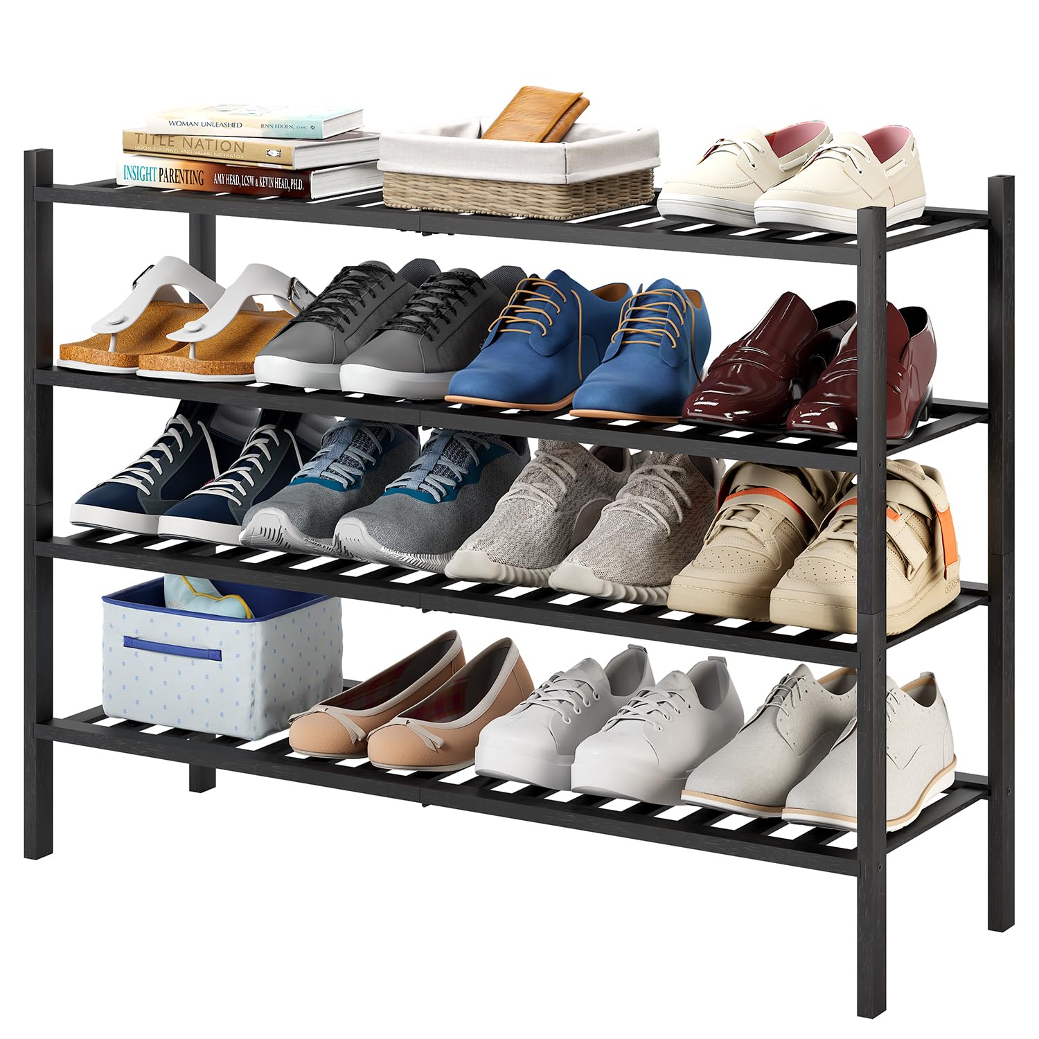 4-Tier Bamboo Shoe Rack Organizer - Stackable Shoe Shelf for Closet, Entryway & Hallway - Space Saving Shoe Storage Solution for Sneakers, Boots & Sandals (Black) - Perfect for Small Apartments & Mudroom Organization