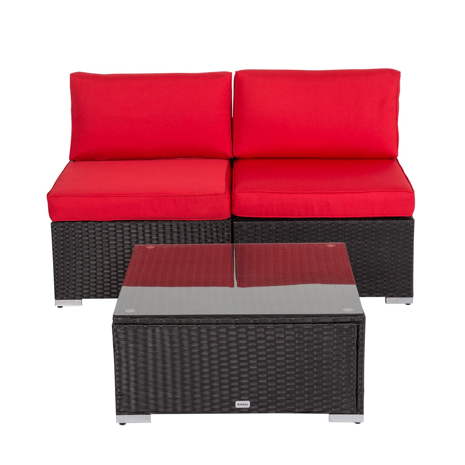 Kinbor 3-Piece PE Rattan Patio Furniture Set - Red Wicker Sofa & Coffee Table for Outdoor Garden, Backyard, and Poolside Relaxation