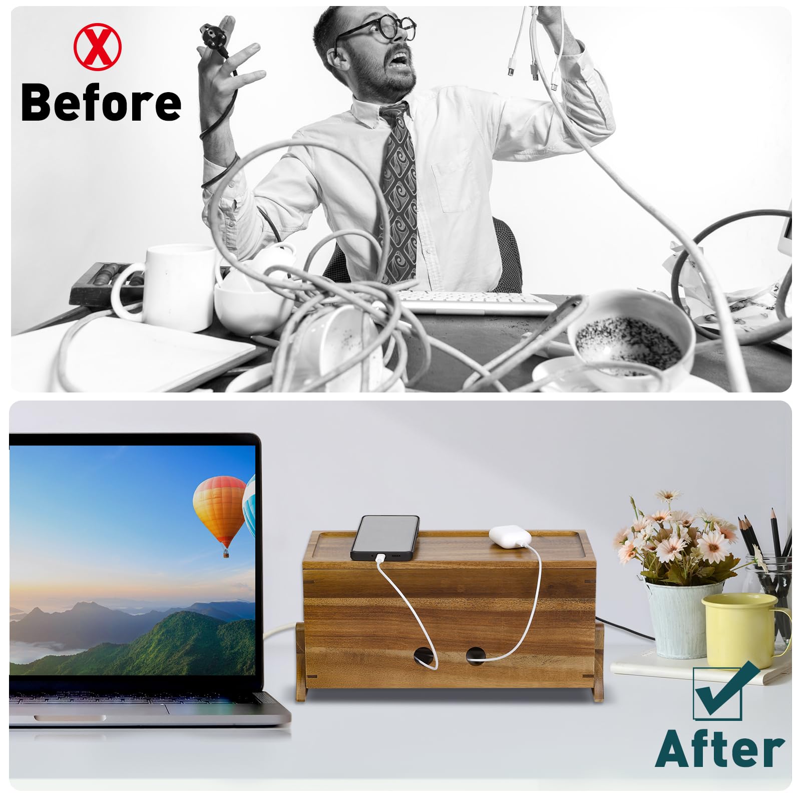 Acacia Wood Extra Large Cable Management Box - Cord Organizer & Hider for Power Strips, TV Wires, Desk Cables - Perfect for Office, Home Theater & Workspace Organization