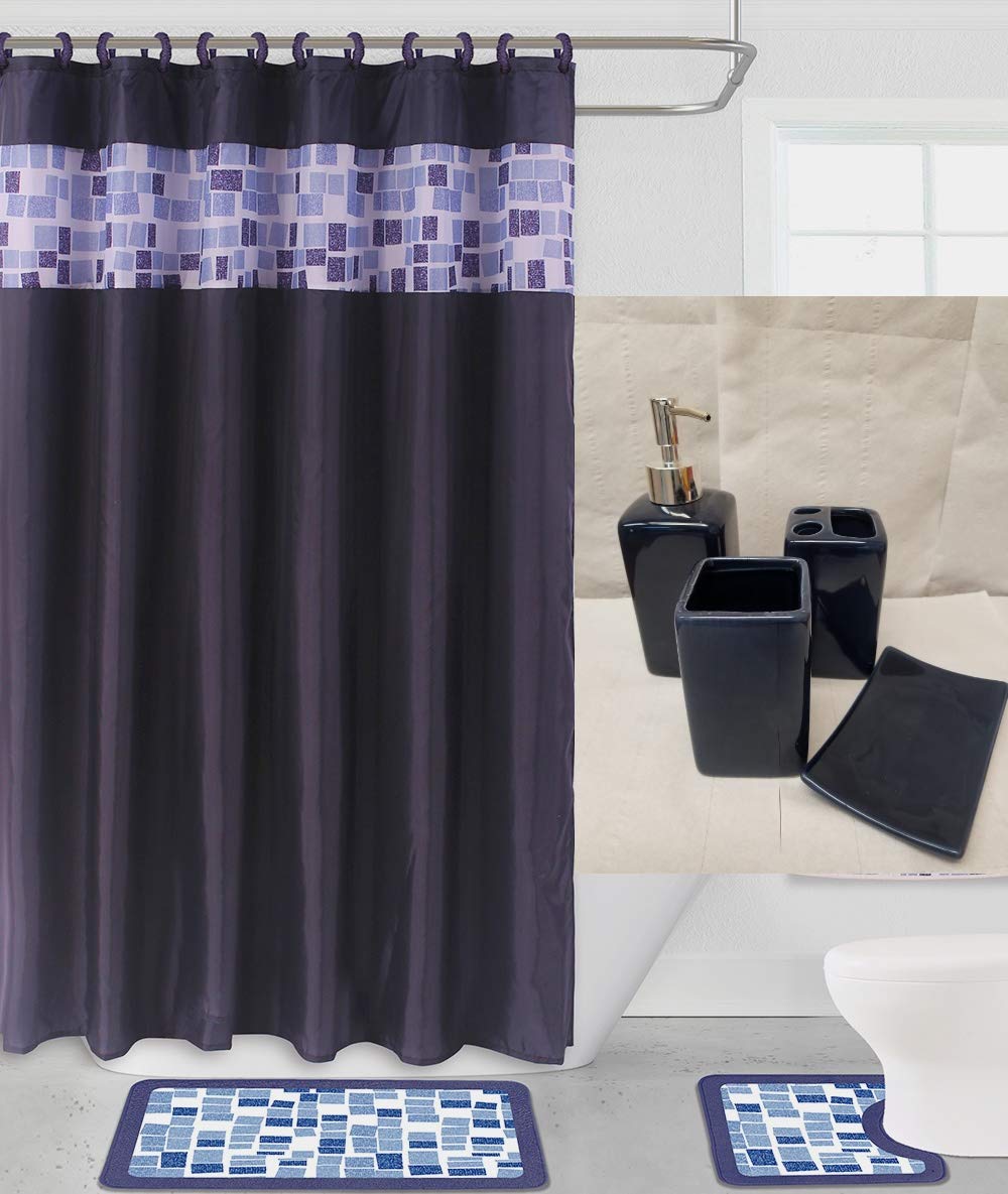 15-Piece Mosaic & 4-Piece Solid Ceramic Bathroom Set - Non-Slip Bath Mat, Shower Mat, Hooks & Accessories in Navy Blue | Perfect for Modern Bathrooms, Guest Suites & Spa-Like Retreats