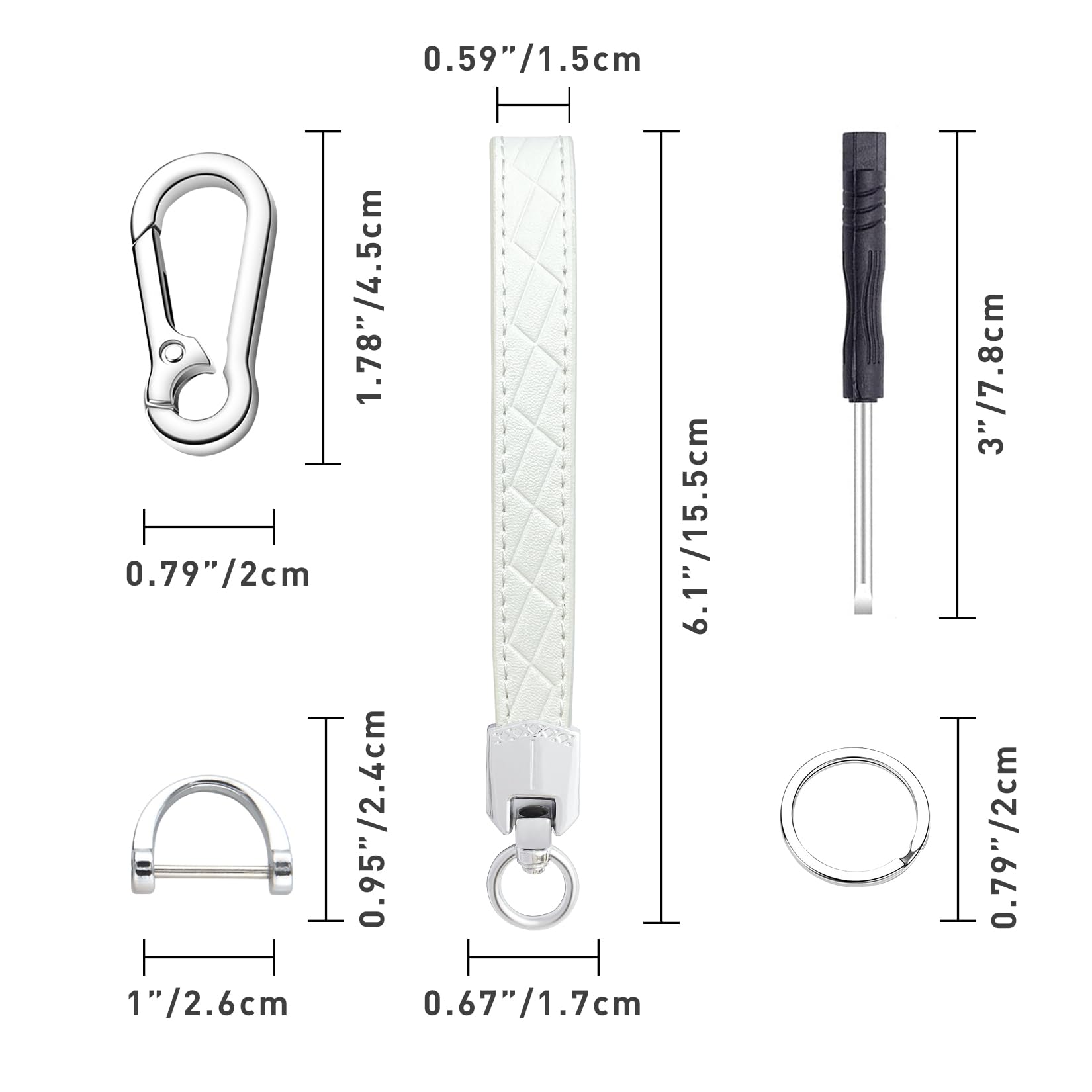 Premium Leather Wristlet Keychain - 3 Key Rings & Anti-Lost D-Ring for Car Keys, House Keys & Office Keys (White Silver) | Perfect for Everyday Carry, Travel & Organization
