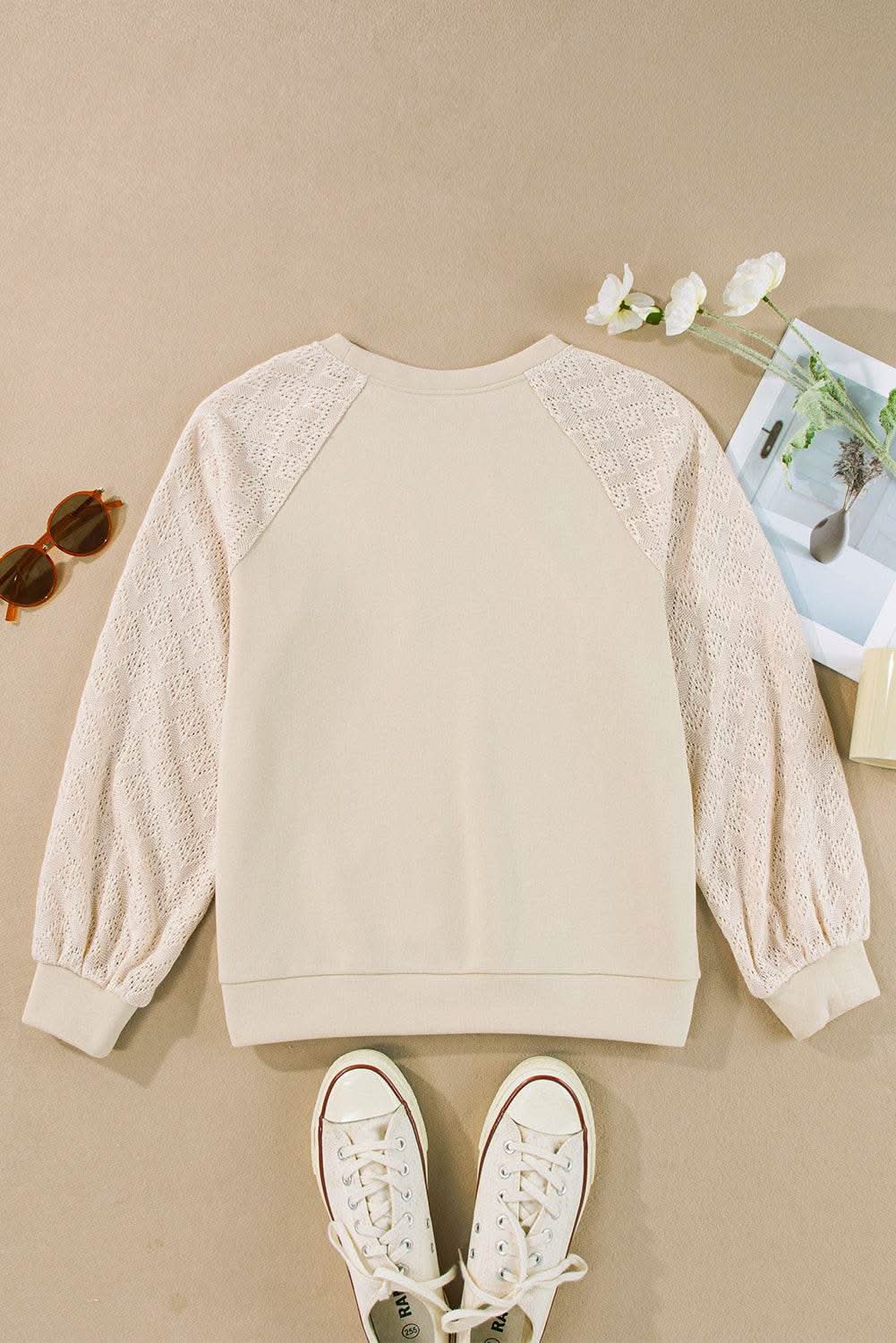 Stylish Knit Patchwork Pullover Sweater in Parchment | Trendy Women's Casual Wear for Fall & Winter | Perfect for Office, Dates & Weekend Outings