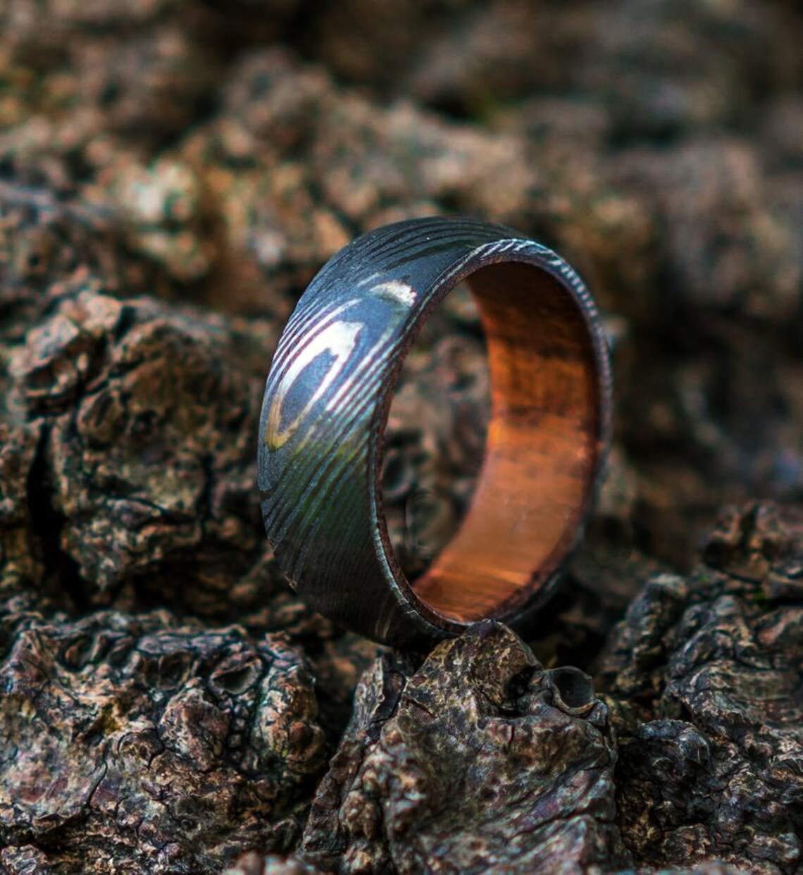 Handmade Damascus Steel Ring with Hardwood Sleeve - Custom Anniversary, Wedding Band & Father's Day Gift for Men (Color Variations May Occur) | Perfect for Engagements, Weddings & Special Occasions