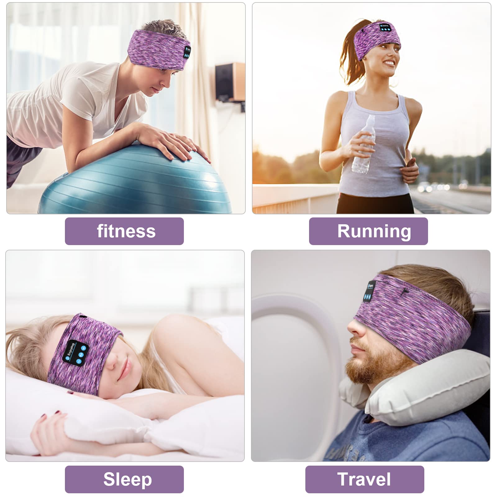 Wireless Sleep Headphones Headband with Zip Pocket - Ultra-Thin HD Stereo Speakers for Side Sleepers, Meditation, Yoga & Sports | Comfortable Bluetooth Music Headband for Night Use, Gym Workouts & Relaxation (Purple)