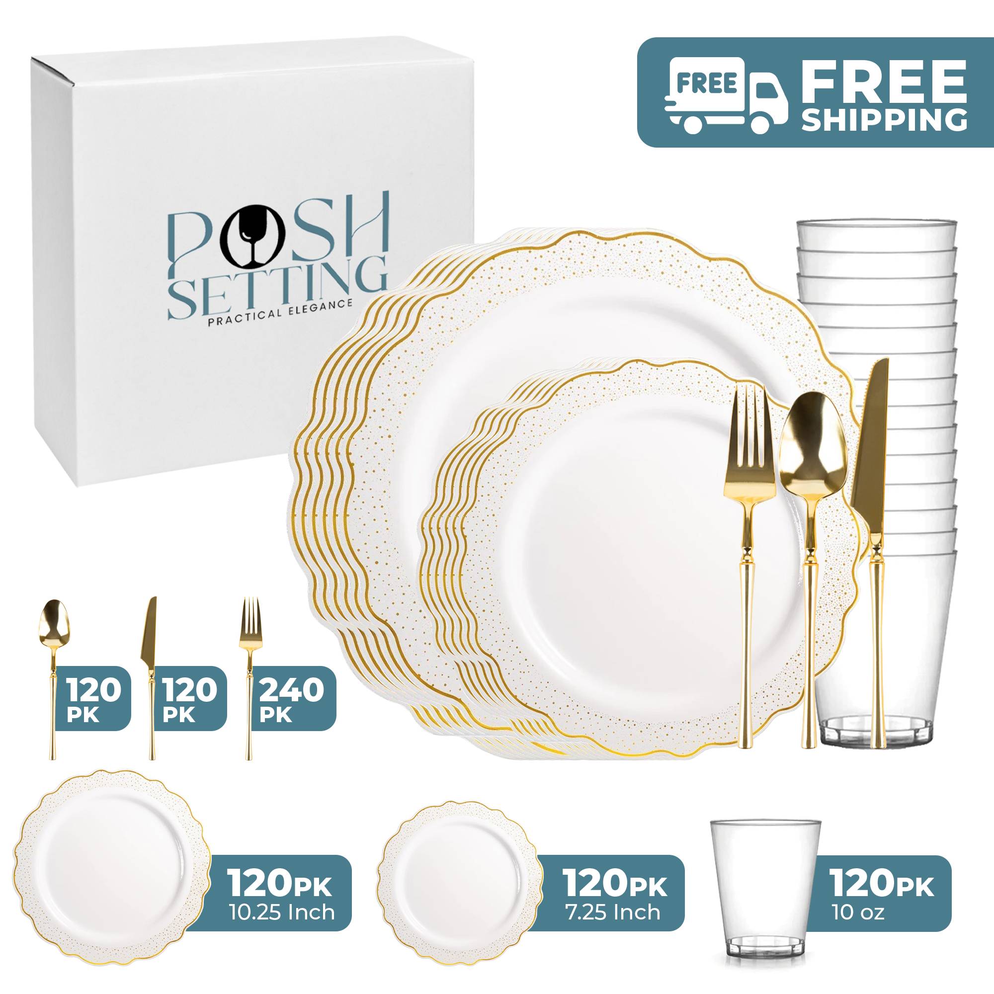 White and Gold Plastic Party Bundle with Confetti - Perfect for Birthday Celebrations, Weddings, and Festive Events