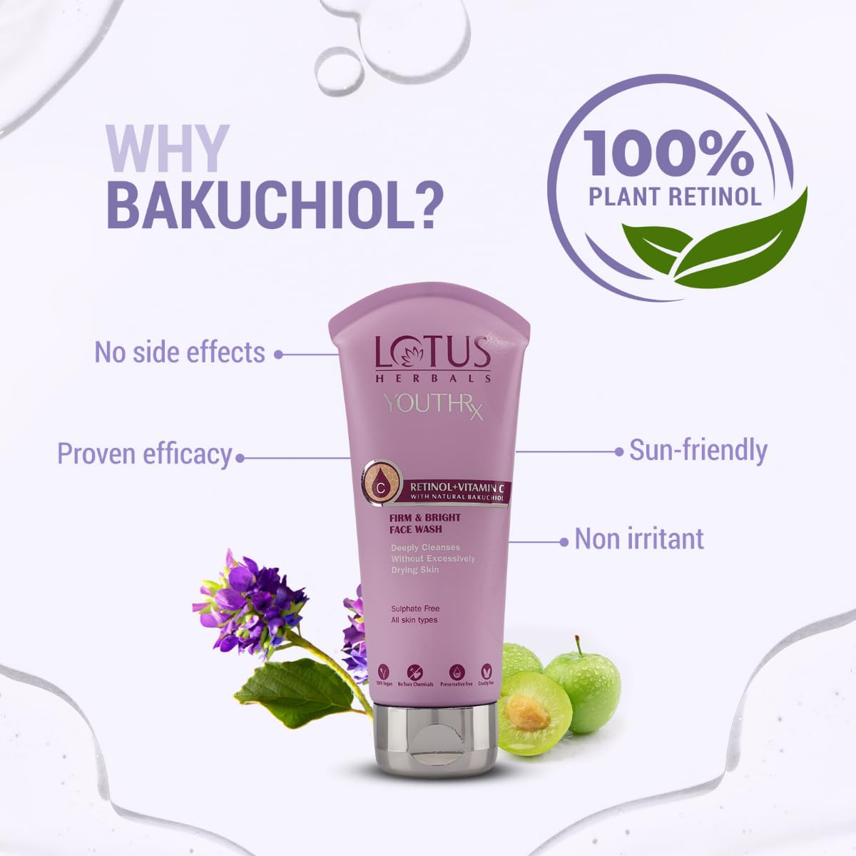 Lotus Herbals YouthRx Firm & Bright Face Wash with Bakuchiol Retinol & Vitamin C - Anti-Aging & Brightening Cleanser for Glowing Skin (100ml) | Perfect for Daily Skincare Routine & Anti-Wrinkle Treatment
