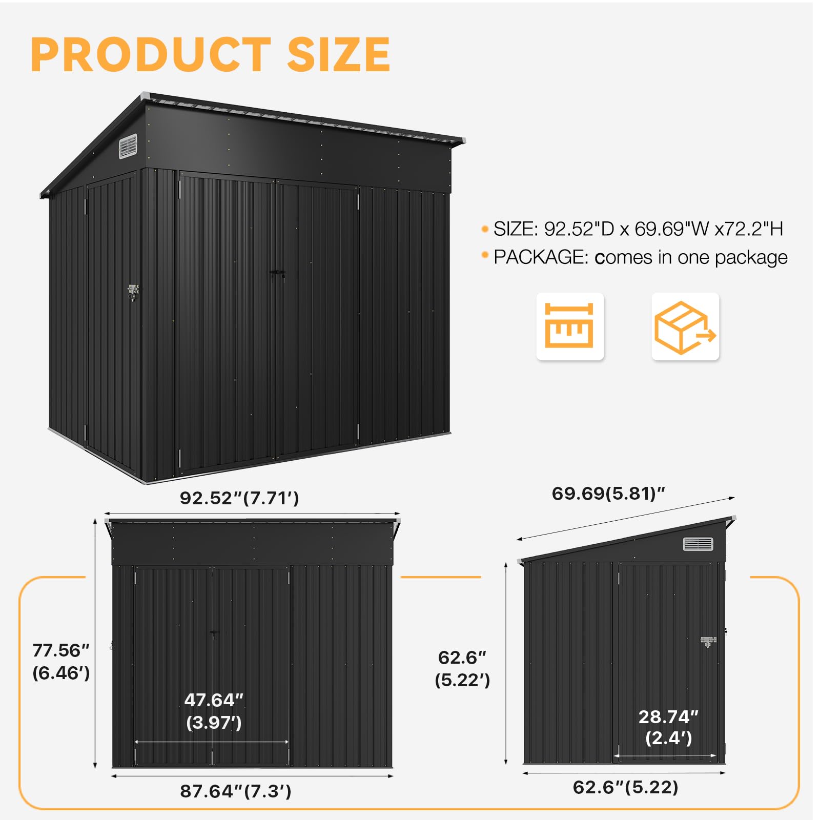 Aoxun 7.5'x5.5' Outdoor Metal Storage Shed with Triple Lockable Doors & Sloping Roof - Heavy Duty Garden Shed for Tools, Bikes, Lawn Equipment - Perfect for Backyard, Patio, Courtyard & Garage Storage