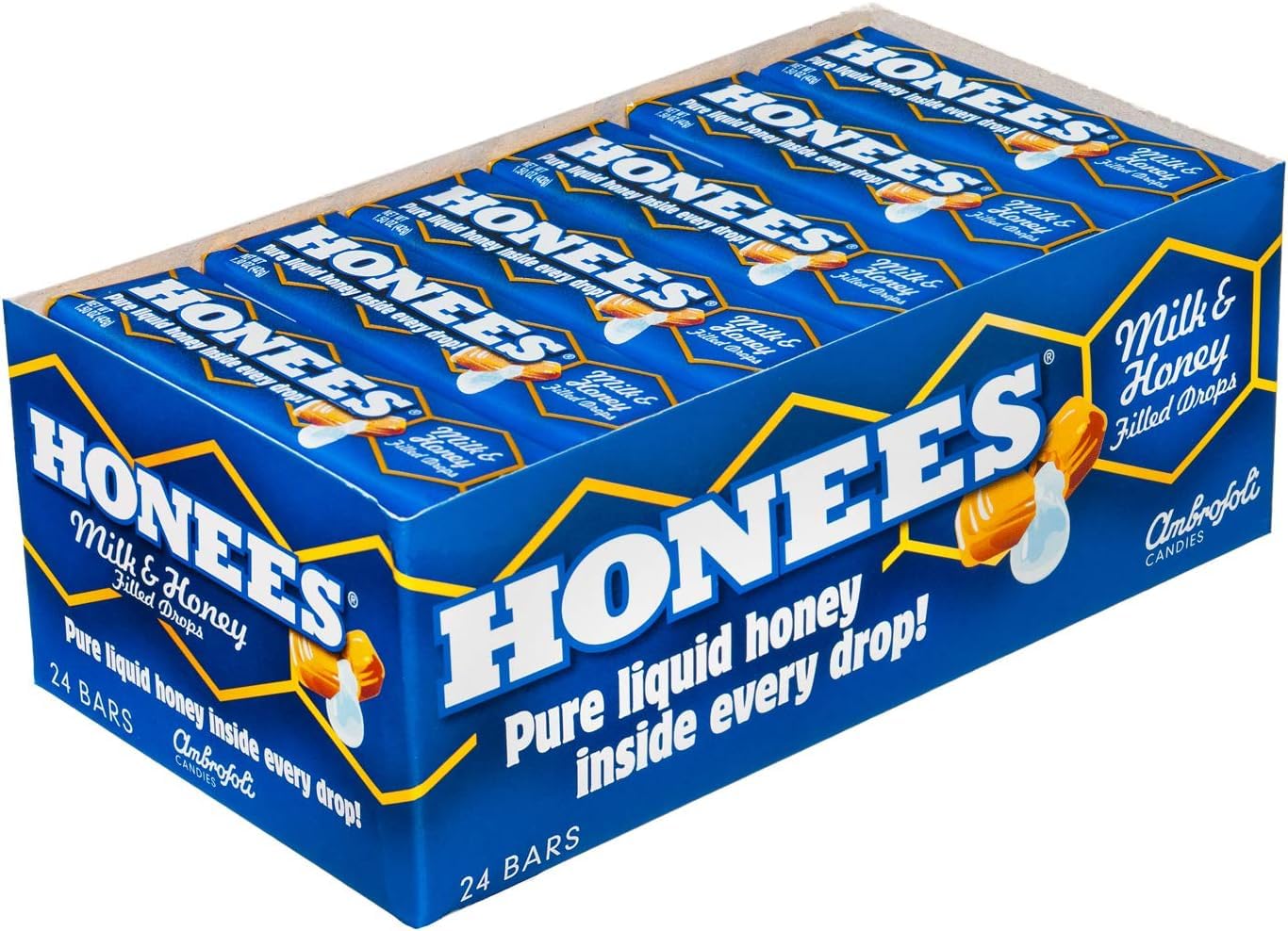 Honees Filled Honey Milk Drops - Natural Cough Drops for Sore Throat Relief - Non-GMO, Gluten Free Throat Lozenges - 24 Packs (216 Units) - Perfect for Cold Season, Travel & Daily Comfort