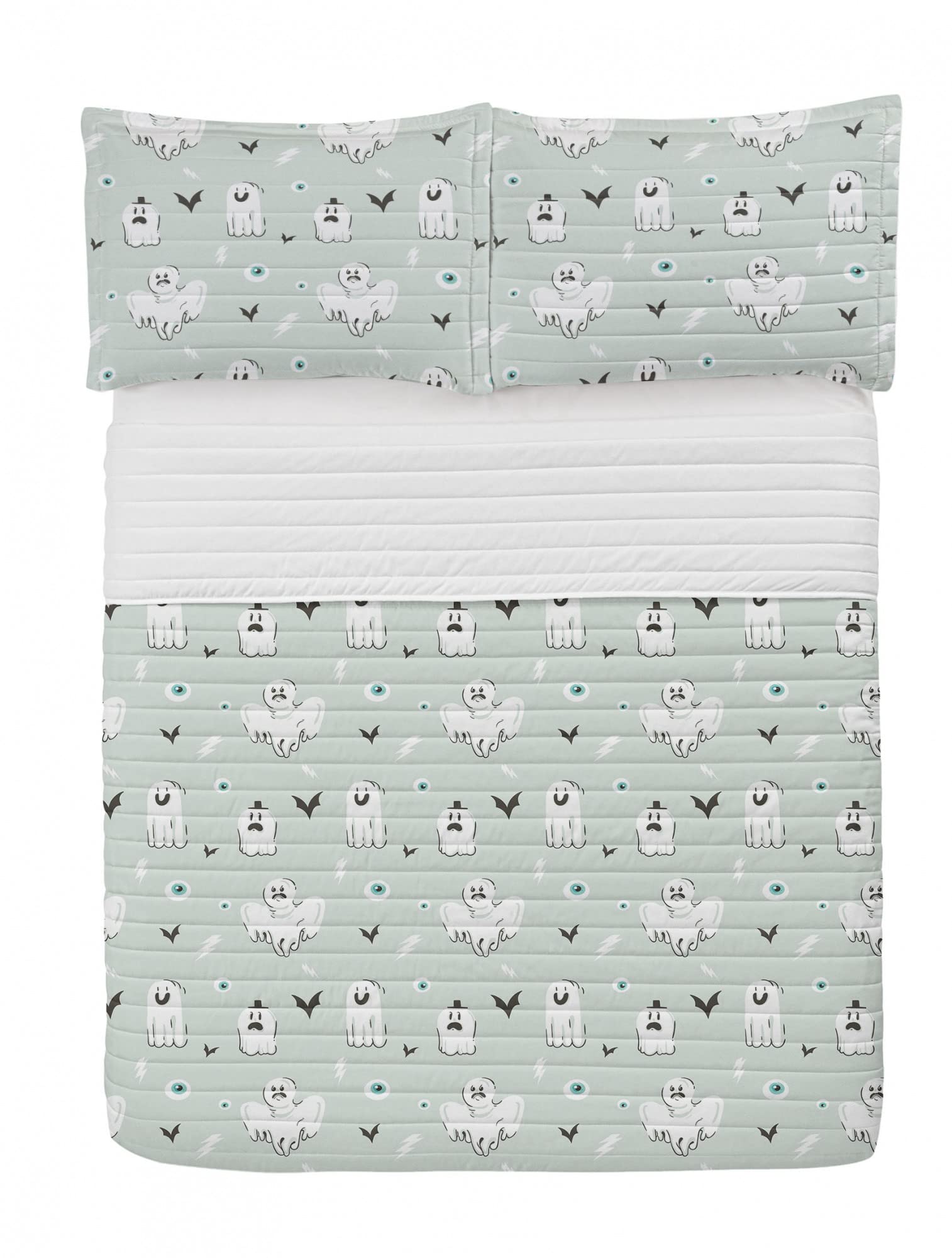 Ambesonne Ghost Halloween Microfiber Bedspread Set - King Size Soft Bedding with Pillow Shams & Comforter, Pastel Eyeball Souls Wandering Design in Pale Blue White Dark Grey - Perfect for Spooky Halloween Decor, Themed Bedrooms & Gothic Home Decor