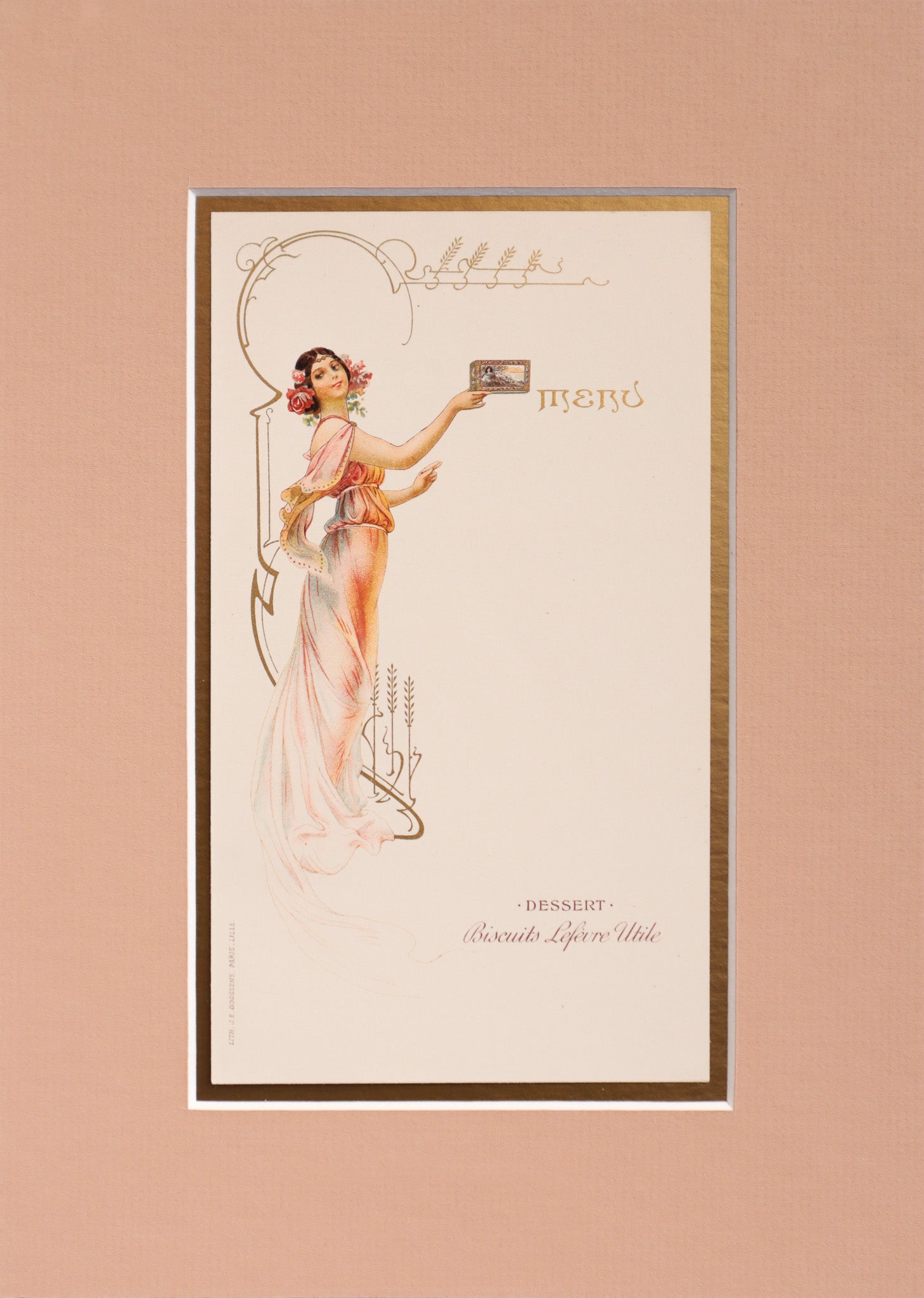 1900 Original French Advertising Menu - Vintage Mucha Art Print with Woman in Orange Dress - Framed Wall Decor for Home, Office & Cafe