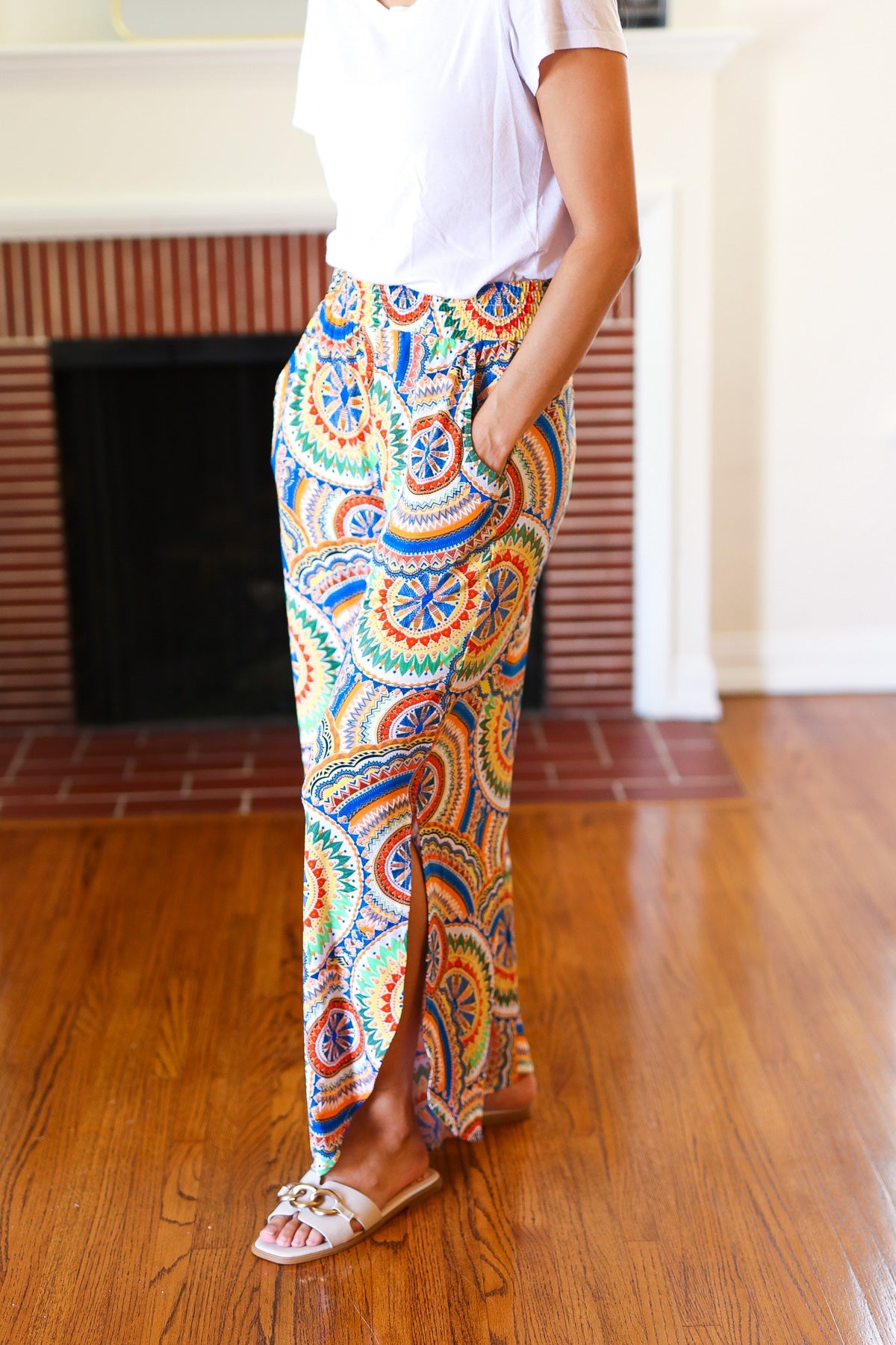 Stylish Multicolor Mandala Print Smocked Waist Palazzo Pants with Side Slits - Perfect for Yoga, Beach Vacations & Boho Fashion Outfits
