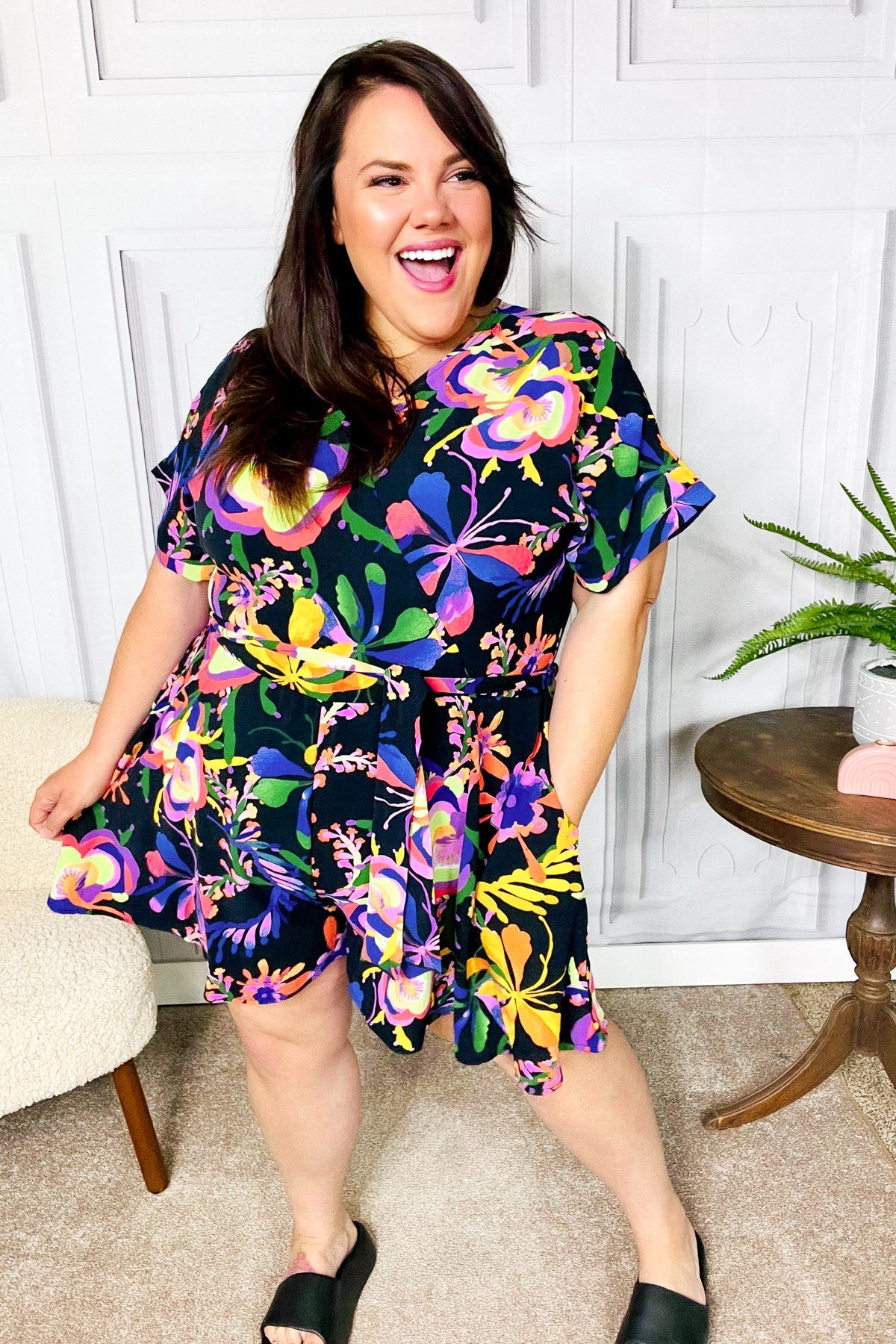 Stylish Black Floral Surplice Woven Romper for Women - Summer Casual Jumpsuit with Comfortable Fit - Perfect for Beach Vacations, Brunch Dates & Outdoor Events
