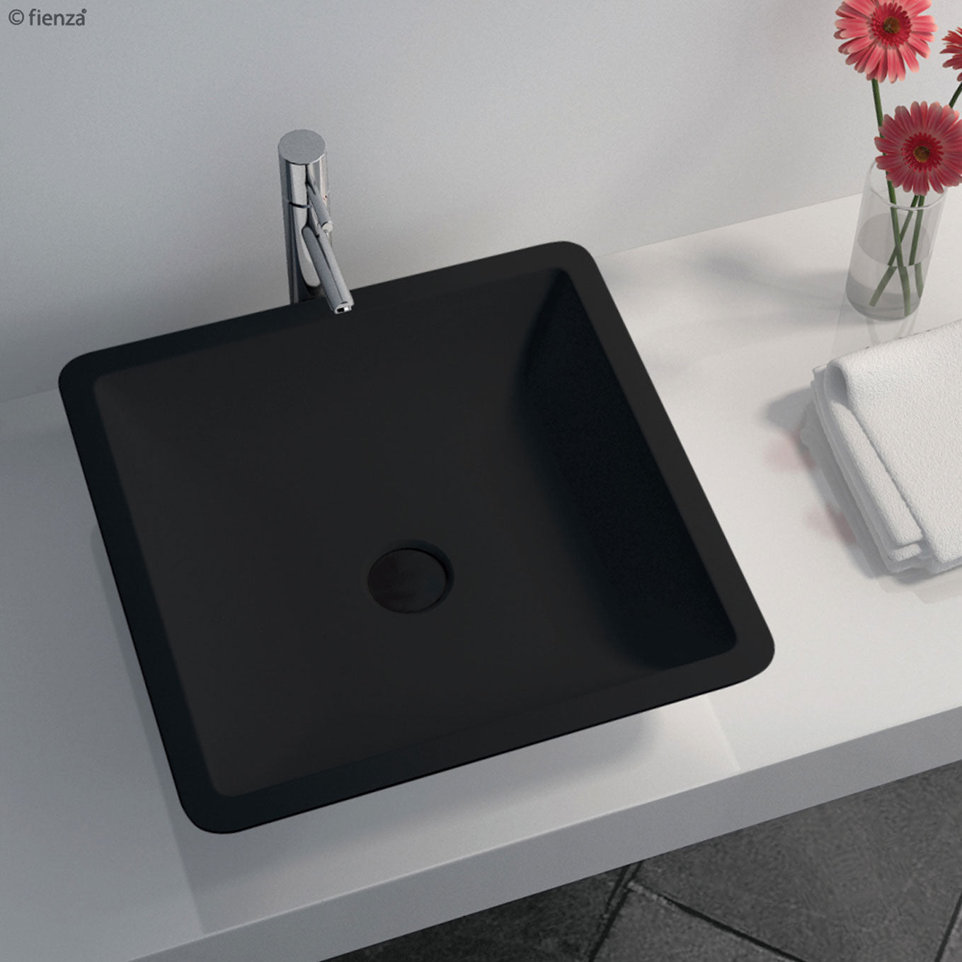 Fienza CSB02 MB Classique Matte Black Solid Surface Above Counter Bathroom Sink Basin - Perfect for Modern Vanities and Contemporary Bathroom Designs