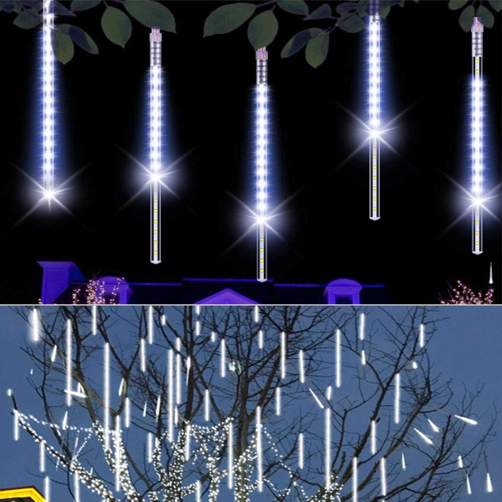 XUNATA 144 LED Solar Meteor Shower Lights - 8 Tubes Waterproof Outdoor Christmas String Lights, Cascading Rain Drop & Icicle Lights for Xmas Tree, Garden, Patio, Yard Decoration (White) | Perfect for Holiday, Wedding, Party & Landscape Lighting