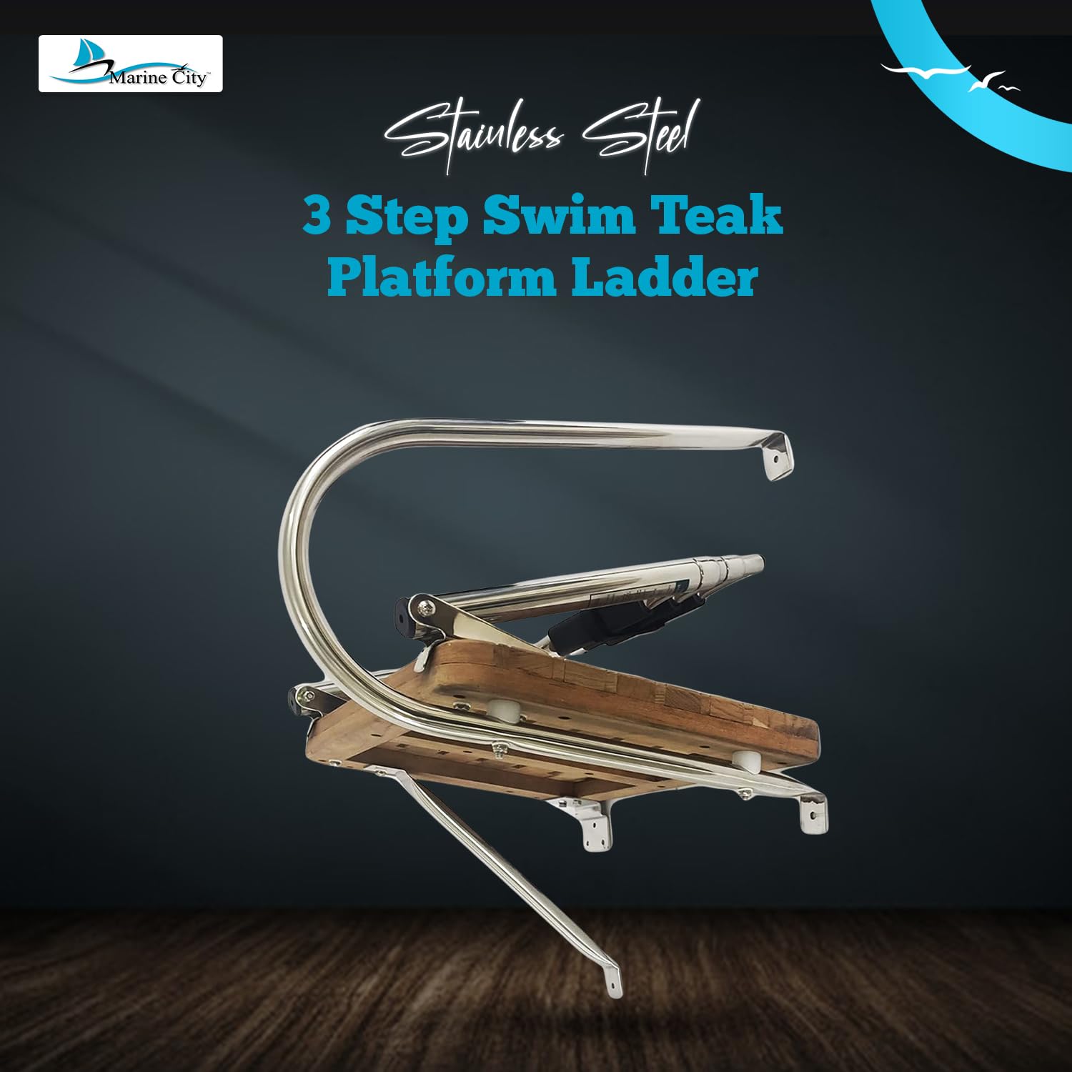 MARINE CITY Stainless Steel Swim Teak Platform Boat Ladder - Corrosion Resistant Marine Ladder for Boats, Ships & Yachts | Low Maintenance Design | Perfect for Swimming, Boarding & Water Sports Activities