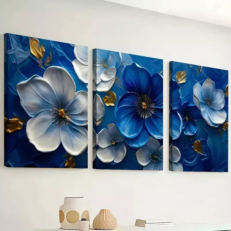 3-Piece Abstract Blue and White Floral Wall Art Set - Framed Canvas 50x70cm (20x28in) - High Quality Print - 100% Australian Made - Ready to Hang - Perfect for Living Room, Bedroom & Office Decor