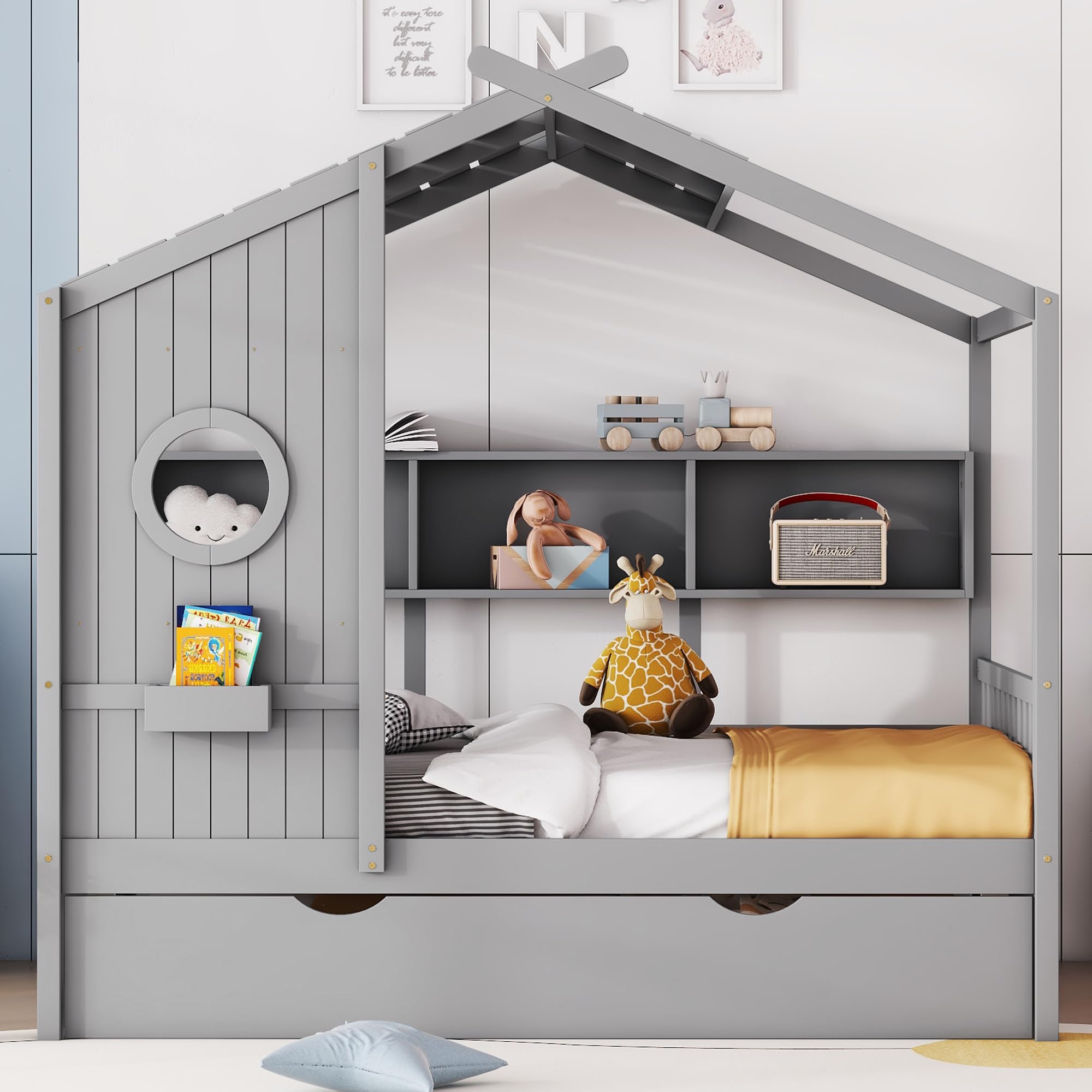 P PURLOVE Full Size Wooden House Bed with Trundle & Storage Shelf - Modern Kids Bed Frame for Boys, Girls & Teens | Playful Bedroom Decor, Sleepover Ready, Space-Saving Children's Room Furniture