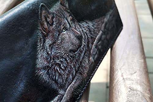 Handmade 3D Genuine Leather Biker Wallet for Men - Custom Engraved & Hand-Painted Long Leather Wallet with Wolf Couple Design - Perfect Gift for Bikers, Travelers & Outdoor Enthusiasts