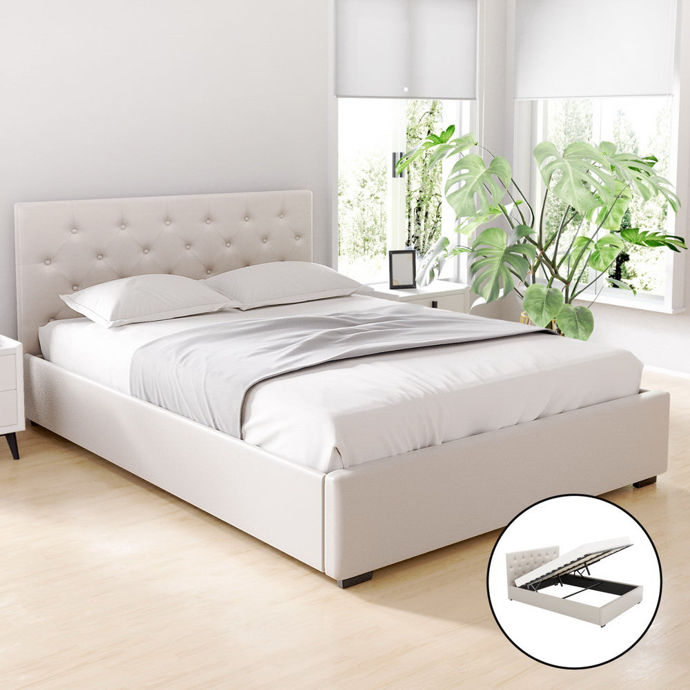 Dorilla Gas Lift Storage Double Bed Frame with Hydraulic Mechanism - Beige Upholstered Platform Bed for Guest Room, Bedroom & Small Spaces