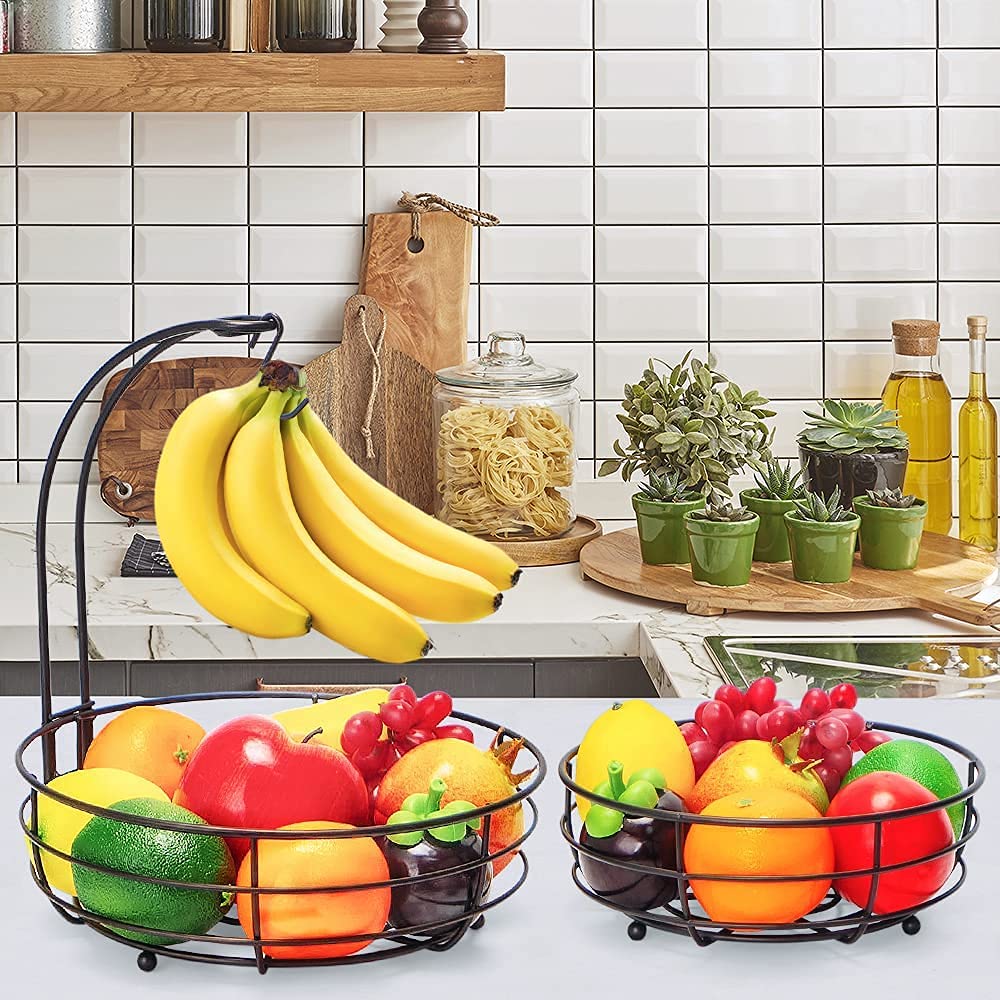 2-Tier Metal Fruit Basket with Banana Hanger - Kitchen Countertop Organizer for Fruits, Veggies & Snacks