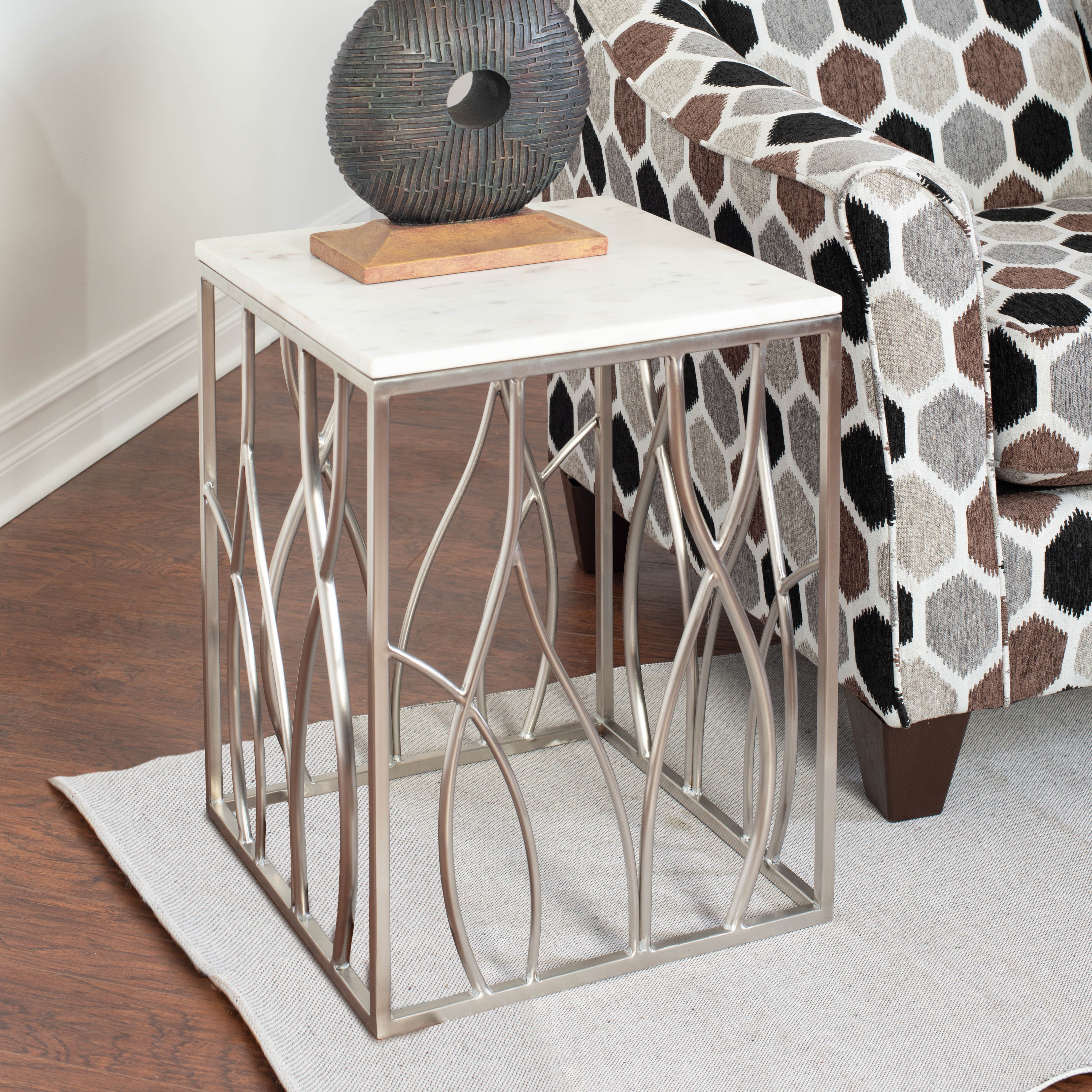 Roundhill Furniture Kameral Square Marble End Table with Stainless Steel Base - Modern Living Room Accent Table for Home Decor & Coffee Table Alternative