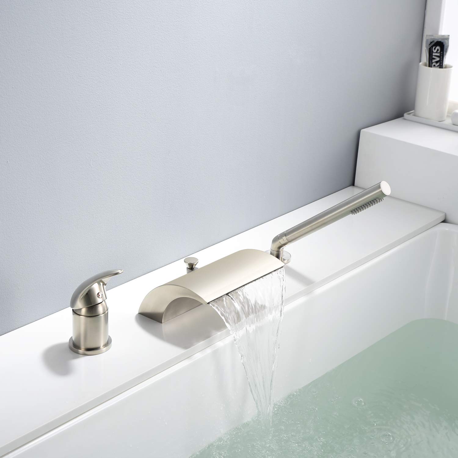 Premium Wall Mounted Rainfall Shower System with Waterfall Roman Tub Faucet - Modern Bathroom Fixtures for Luxury Spa Experience at Home (Model S3223NI + S2138NW)